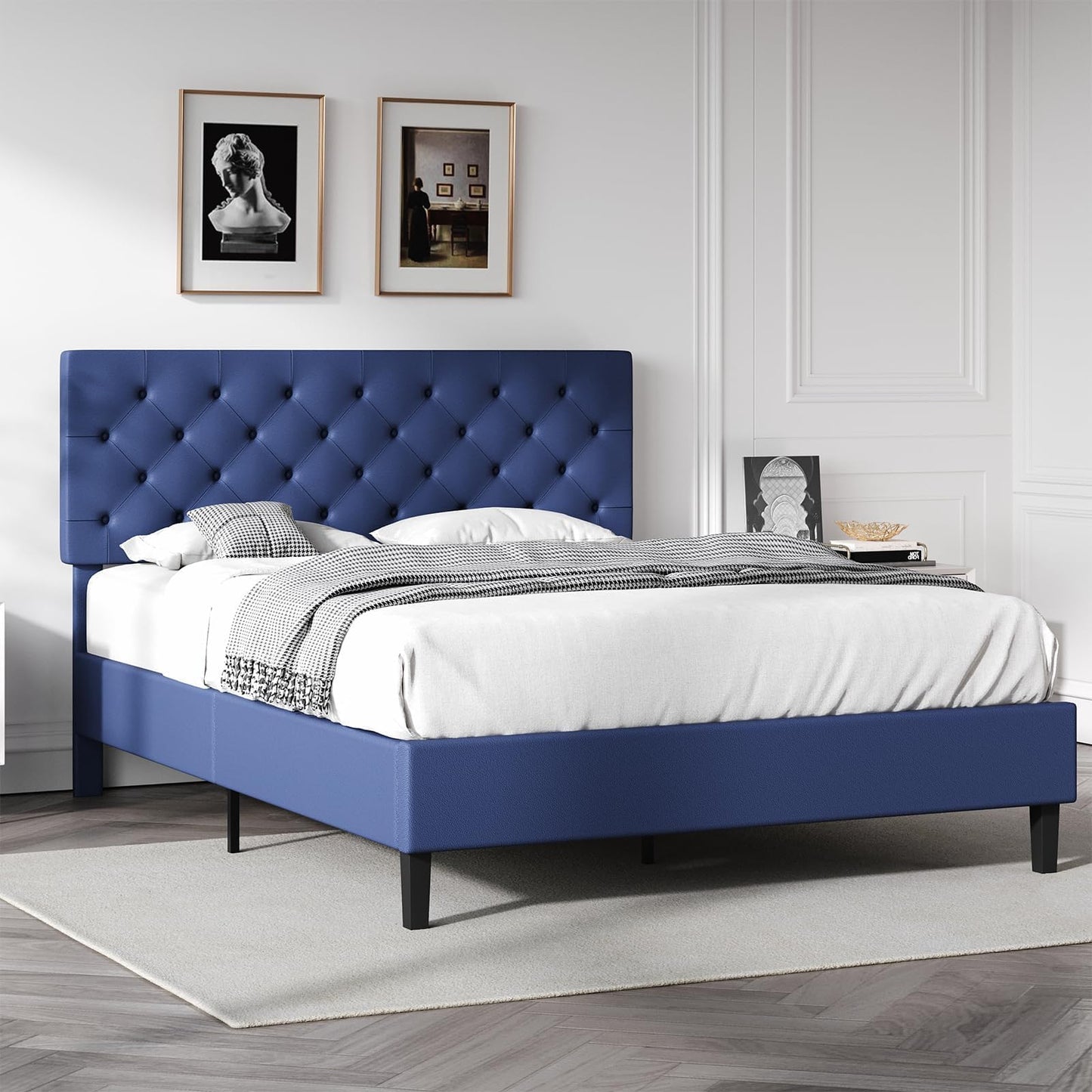 Queen Bed Frame with Headboard, Faux Leather Upholstered Platform Bed Frame, Blue Bed Frame Queen Size, Wooden Slat Support, No Box Spring Needed, Navy Blue