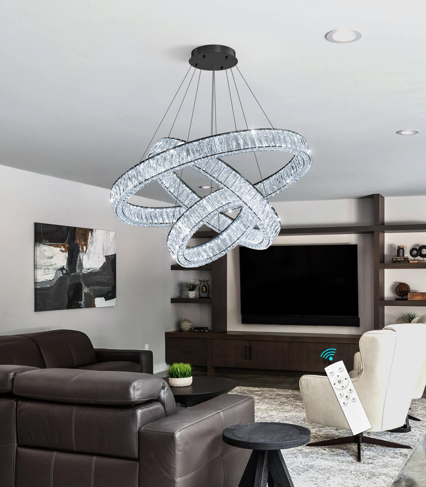 Modern Crystal Chandelier Dimmable LED Ring Pendant Lights Adjustable Glam Chandeliers Lighting Fixtures for Dining Room Living Room Bedroom Silver Light