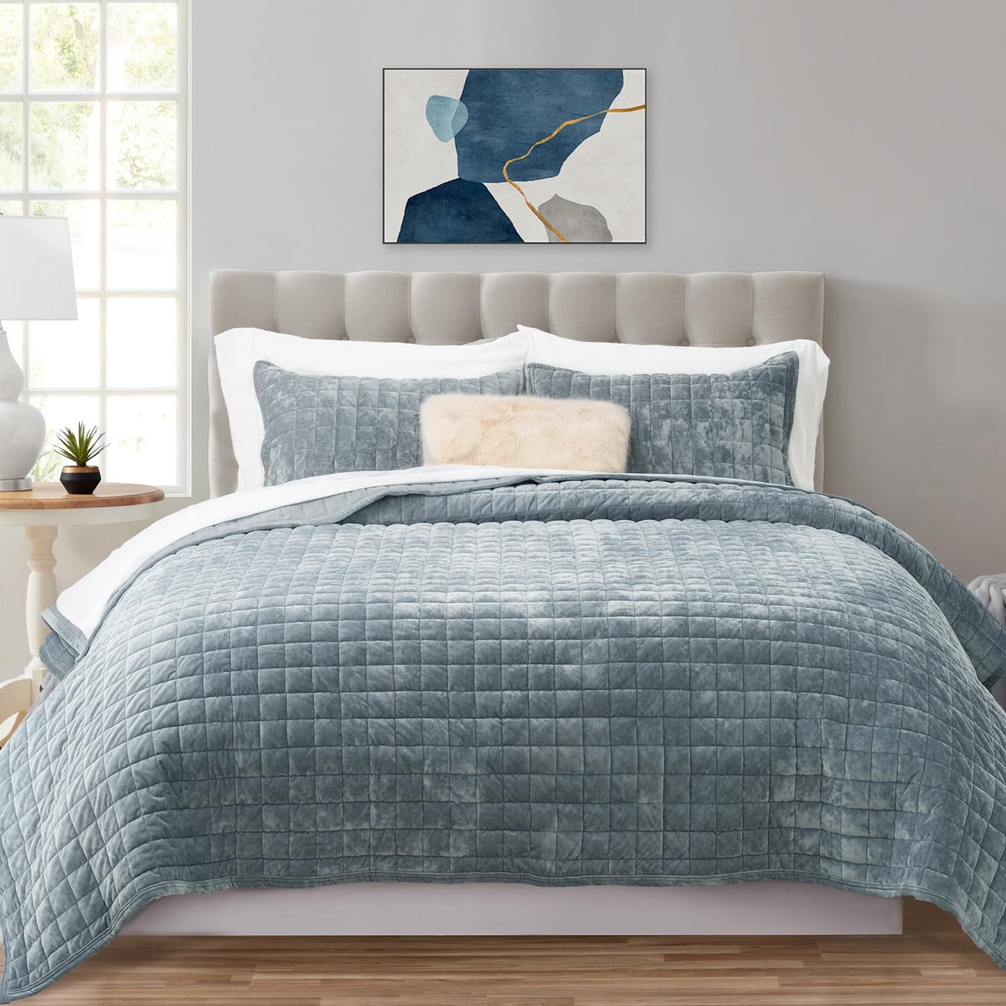 RECYCO Luxury Velvet Quilt Set King Size, Lightweight Velvet Comforter Set, Oversized Bedspread Coverlet Quilted Bedding Set, with 2 Matching Pillow Shams, for All Season, Navy Blue
