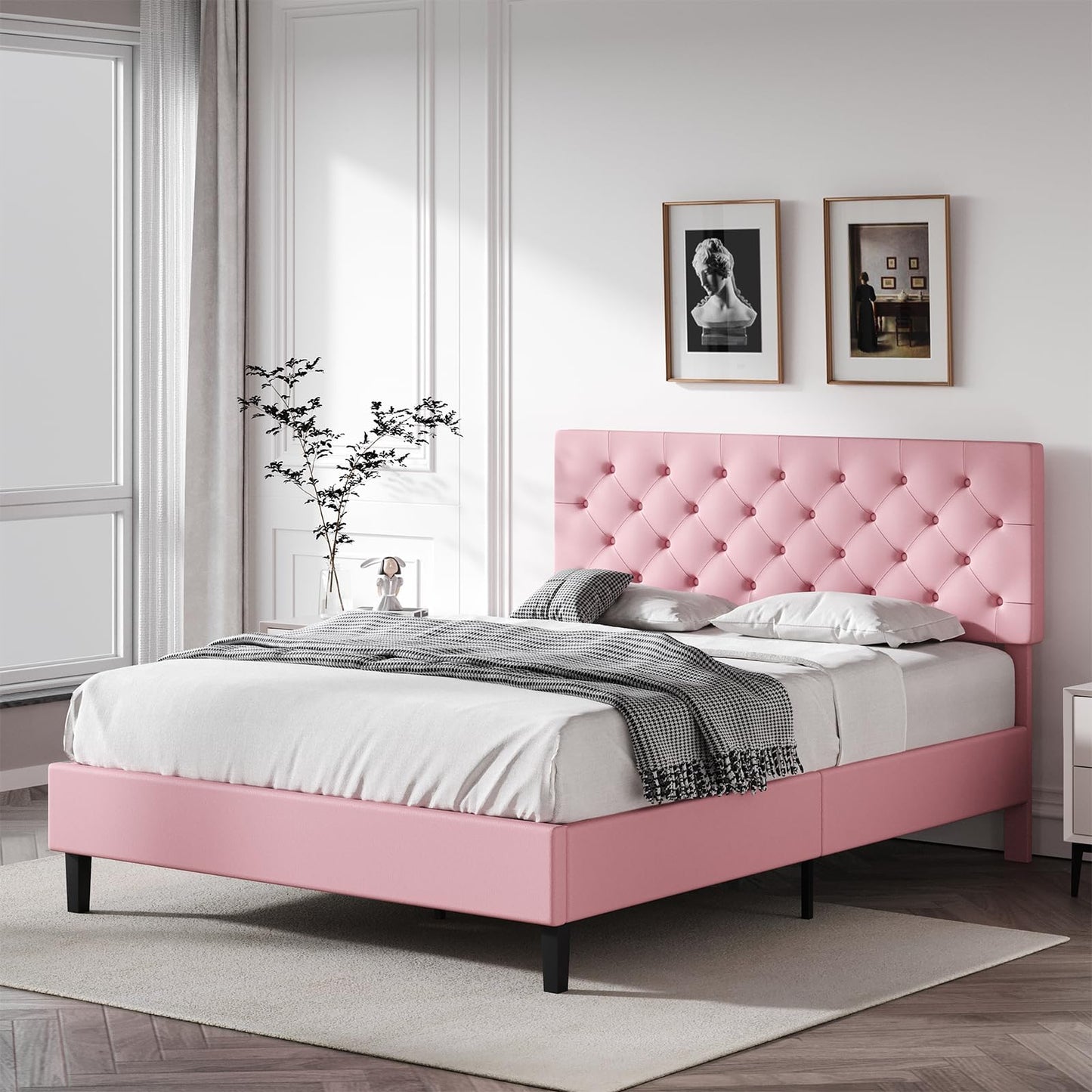 Queen Bed Frame with Headboard, Faux Leather Upholstered Platform Bed Frame, Blue Bed Frame Queen Size, Wooden Slat Support, No Box Spring Needed, Navy Blue