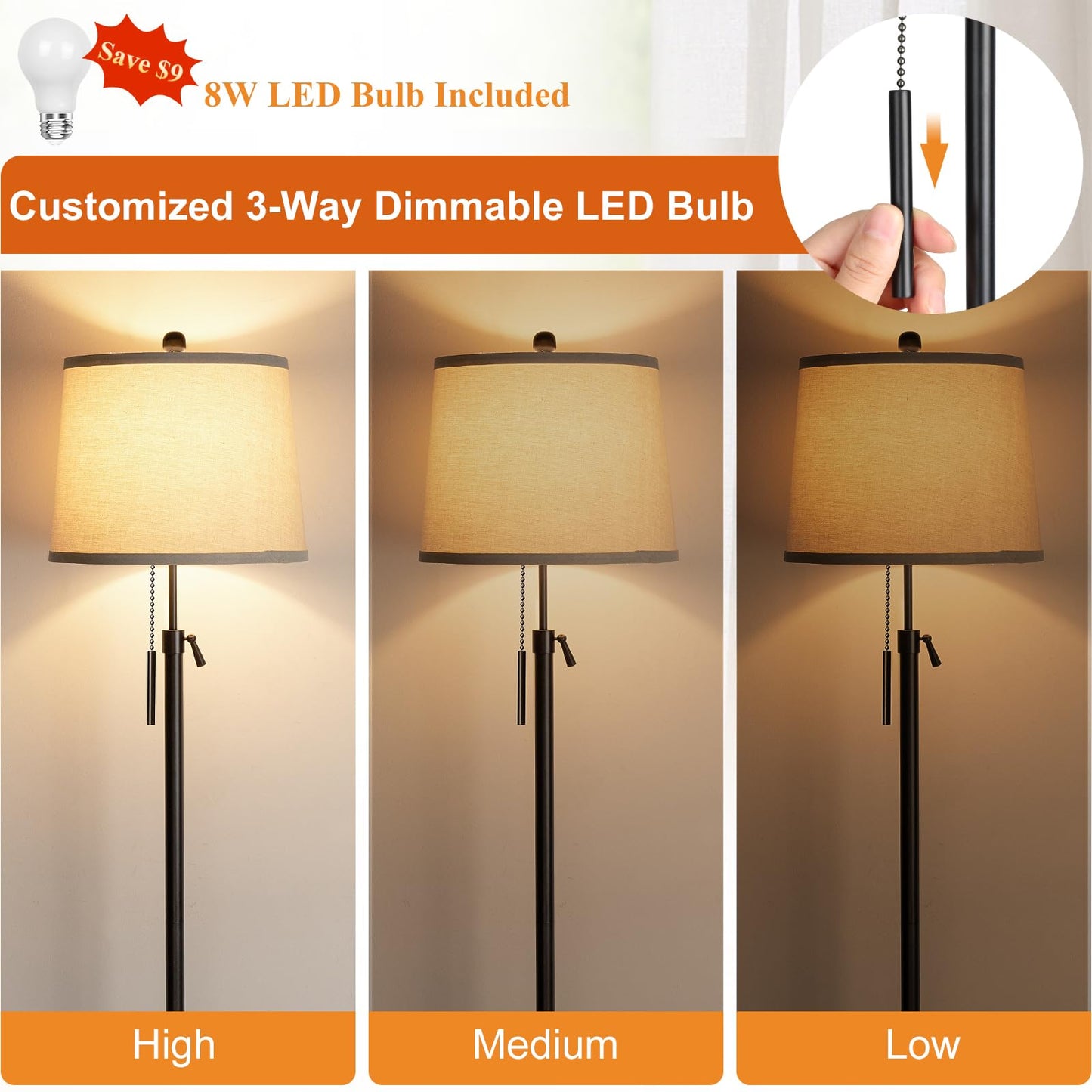 Floor Lamp for Living Room,Adjustable Height Standing Lamp,Dimmable Modern Floor Lamps for Bedroom Office Tall Floor Lights with Pull Chain Bulb Included-Silver Gray Shade