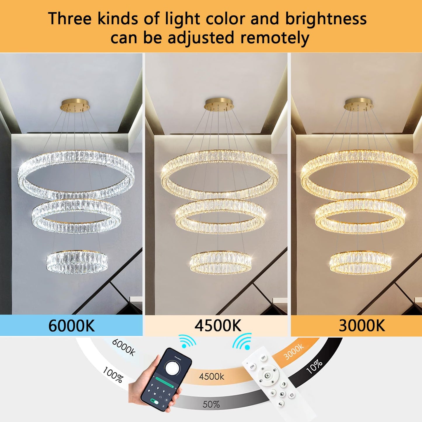 Modern Crystal Chandelier Dimmable LED Ring Pendant Lights Adjustable Glam Chandeliers Lighting Fixtures for Dining Room Living Room Bedroom Silver Light