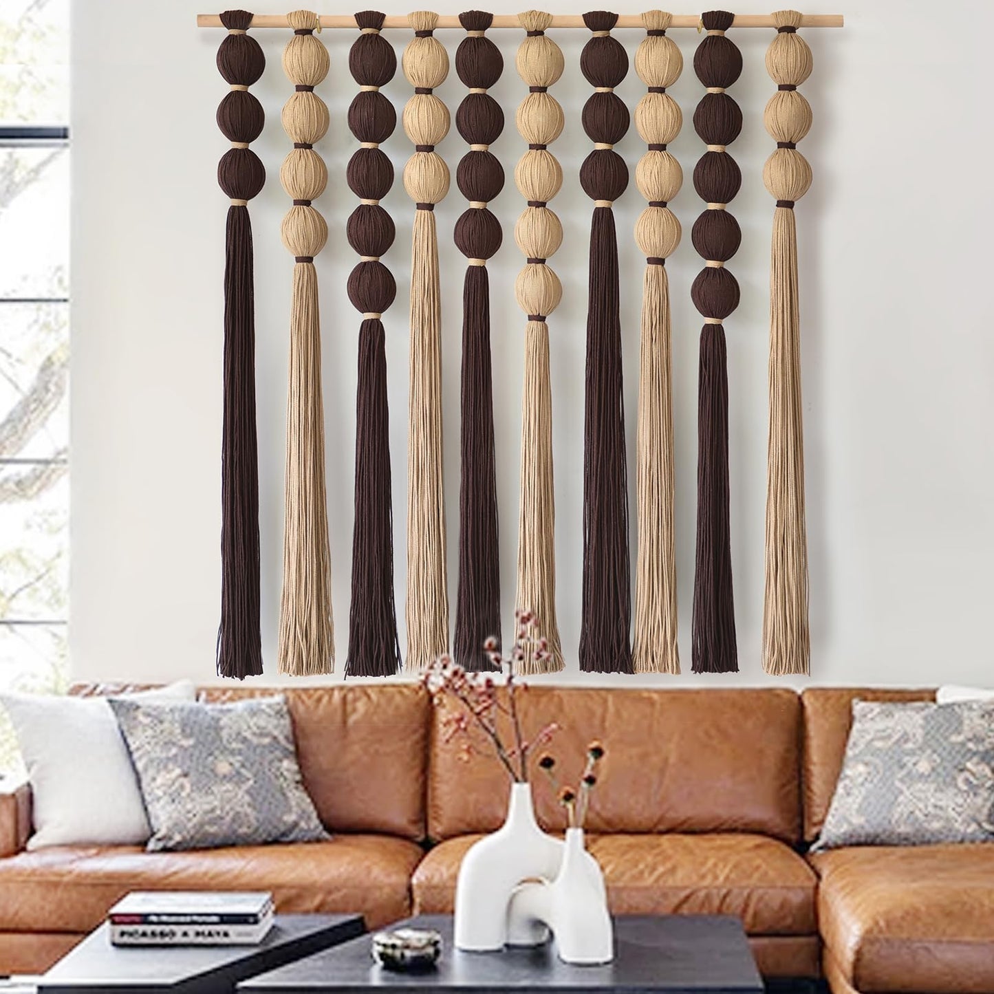 IOWER Macrame Wall Hanging Brown Yarn Beaded Backdrop Boho Wall Decor Round Tassel Home Wall Aesthetic Living Rooms Bedrooms Offices Geometric Art Chic Home Decor 39" W x 55" L