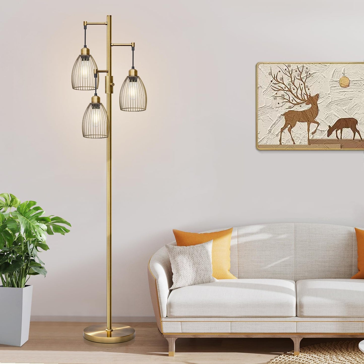 Dimmable Floor Lamp, 3 x 800LM LED Edison Bulbs Included, Farmhouse Industrial Floor Lamp Standing Tree Lamp with Elegant Teardrop Cage Tall Lamps for Living Room Bedroom Office Dining Room-Black