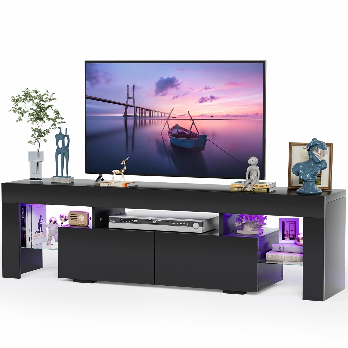 JUMMICO TV Stand, Modern Lighting TV Cabinet Entertainment Center Media and Open Shelf, TV Console Table with 1 Drawer and Remote Control, 20 Color LED Lights up to 70 Inch TV (White)