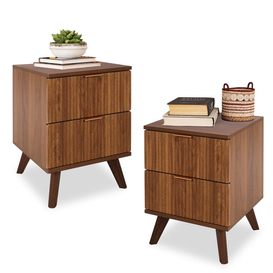 Fluted Nightstand Set of 2, Mid Century Modern 2 Drawer Dresser for Bedroom, Small Dresser Night Stand Side Table End Table with Wood Fluted Drawer Storage for Bedroom Closet(Walnut)