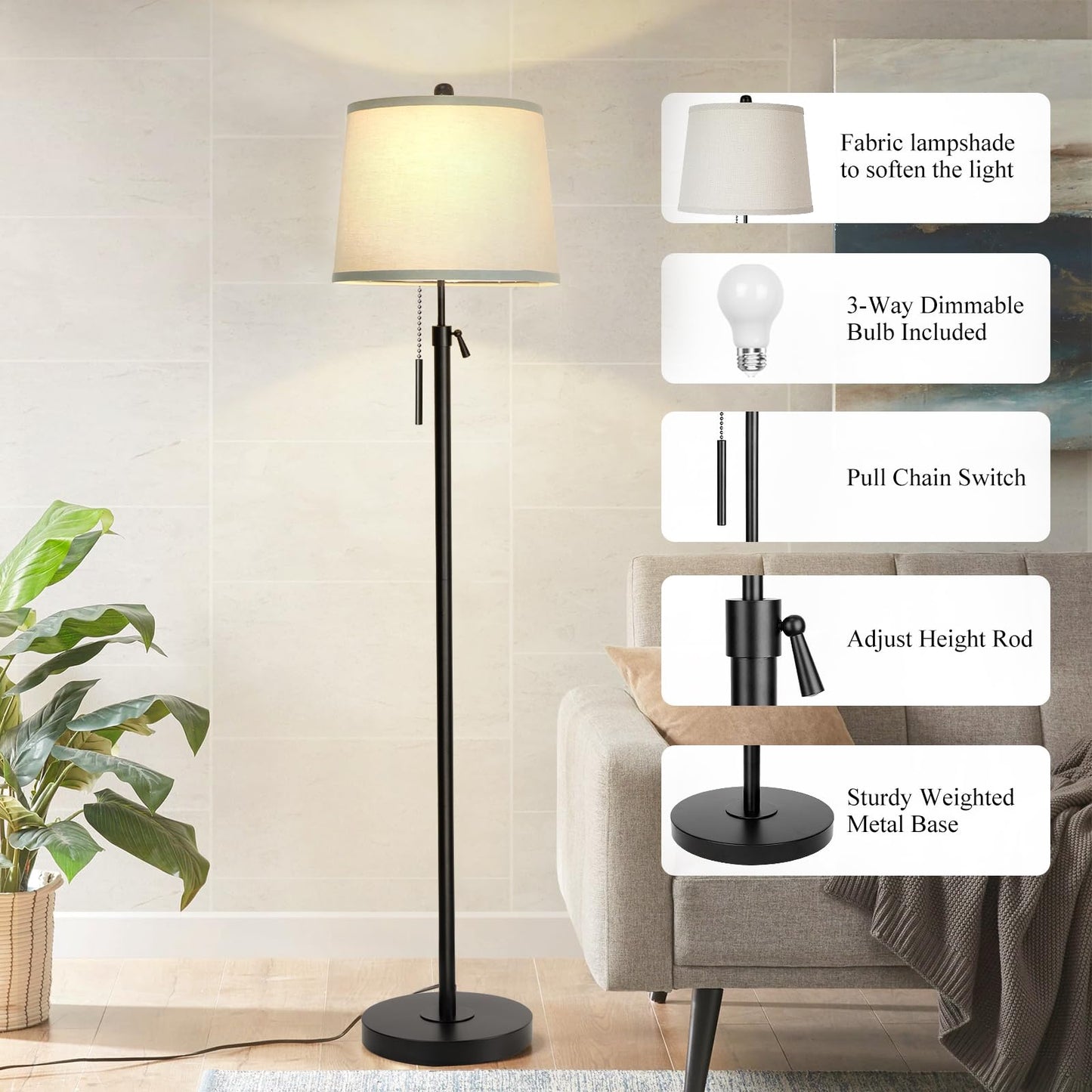 Floor Lamp for Living Room,Adjustable Height Standing Lamp,Dimmable Modern Floor Lamps for Bedroom Office Tall Floor Lights with Pull Chain Bulb Included-Silver Gray Shade