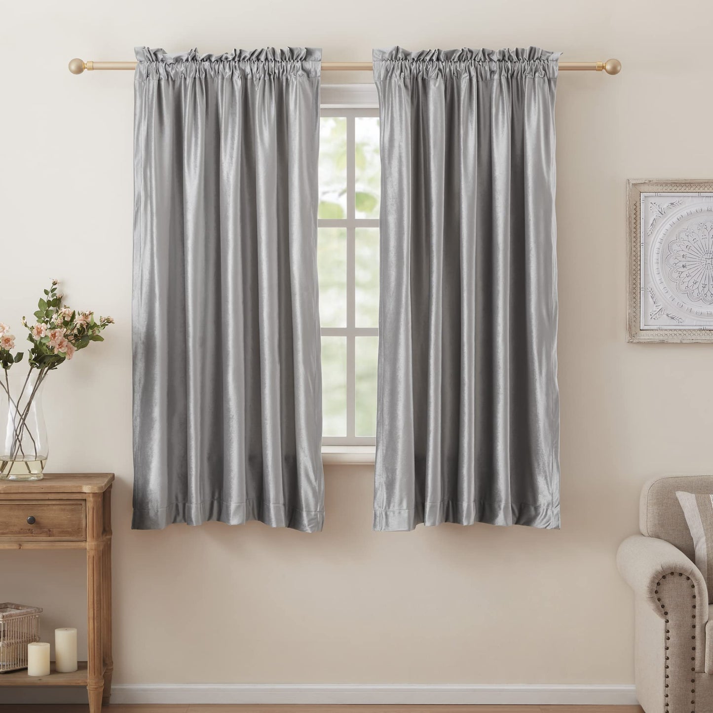 PRIMROSE Velvet Curtains 84 inch for Living Room Champagne Beige Rod Pocket Window Drapes Treatment Semi Room Darkening Decor Curtains for Bedroom Set of 2 Panels