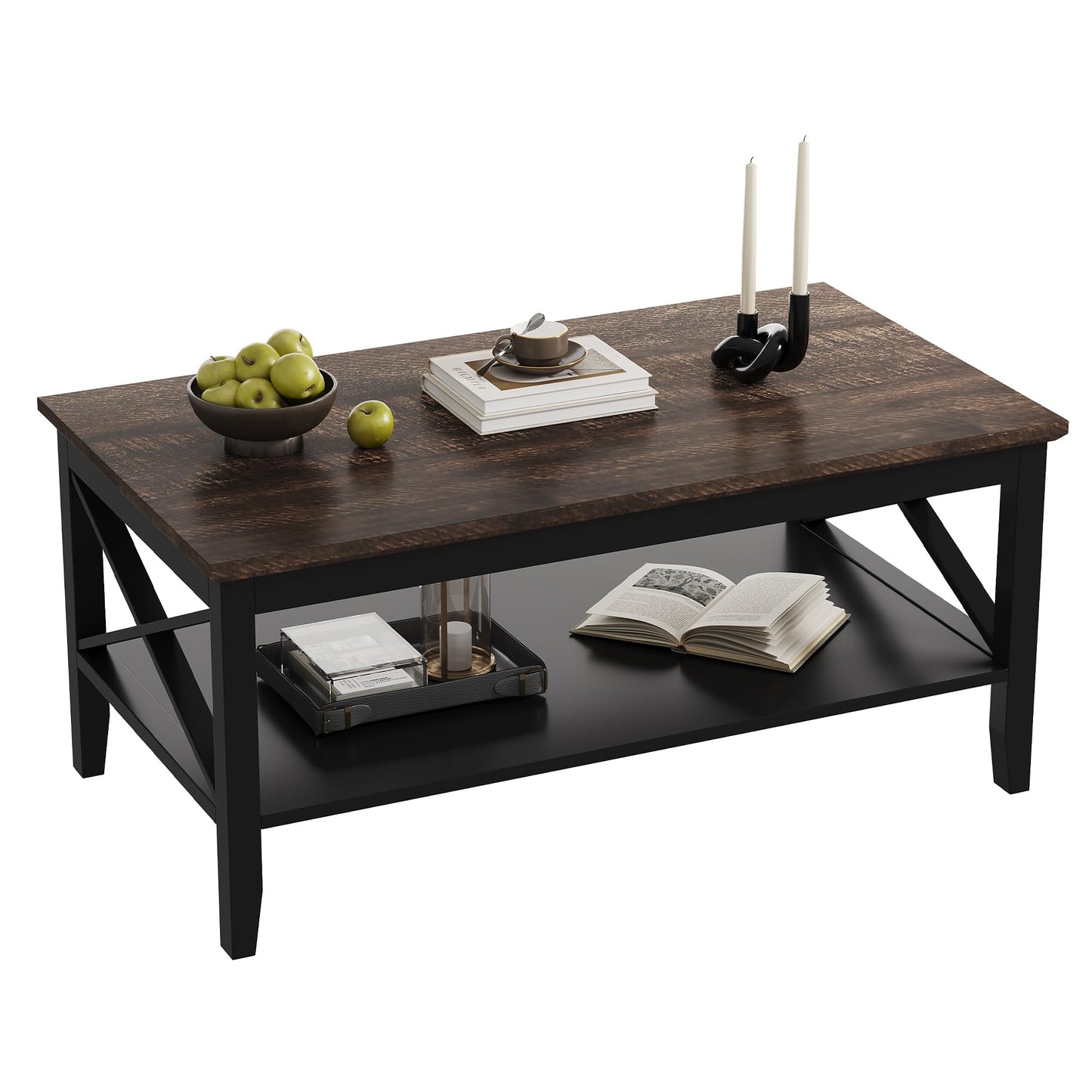 ChooChoo White Coffee Table Classic X Design for Living Room, Rectangular Modern Cocktail Table with Storage Shelf, 39 Inch