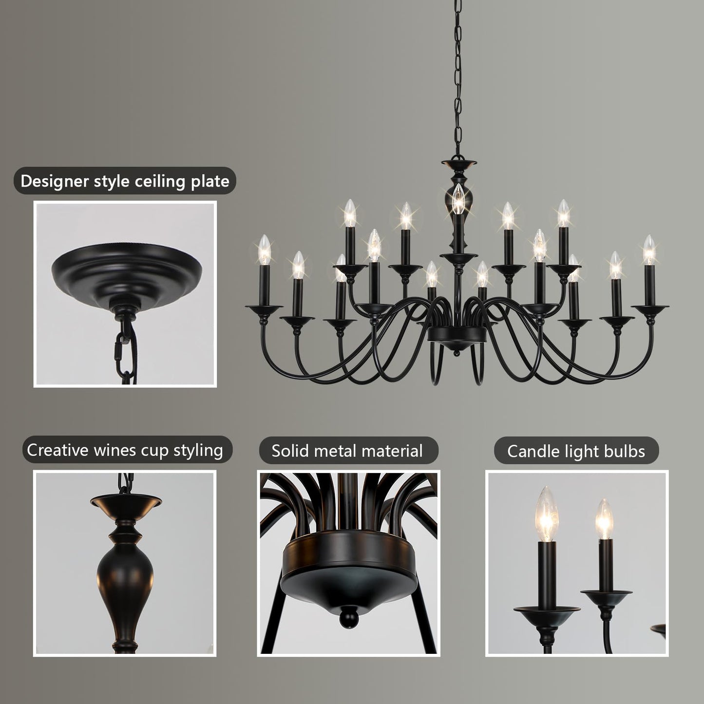 15 Light Black Farmhouse Chandeliers for Dining Room Light Fixtures Over Table, Vintage Candle Large Chandelier for Living Room Foyer Staircase Restaurant Showroom Villa