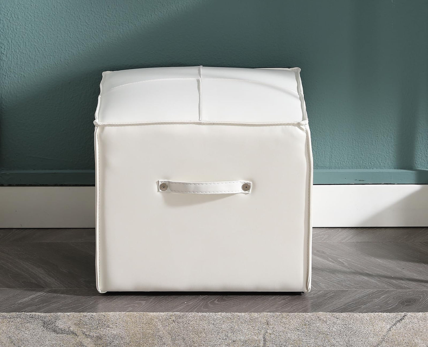 chairus Square Ottoman Upholstered PU Leather Foot Stool 18" Wx18 Dx16.25 H Ottoman Foot Rest with Handle Stool Ottoman Chair for Living Room Bedroom Decoration Kids Room, White