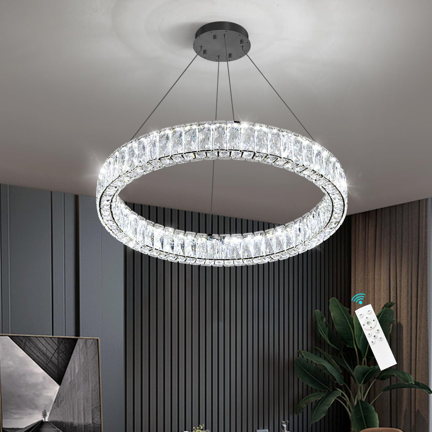 Modern Crystal Chandelier Dimmable LED Ring Pendant Lights Adjustable Glam Chandeliers Lighting Fixtures for Dining Room Living Room Bedroom Silver Light