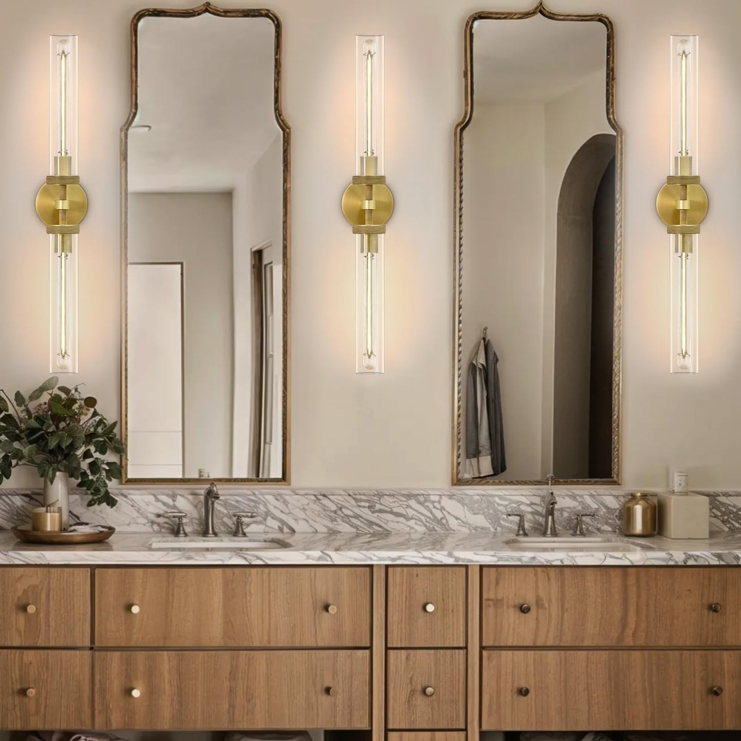 Brass Wall Sconces Set of Two, 19" Knurled Gold Sconces Wall Lighting, Tube Glass Bathroom Sconces Wall Lights for Bedroom Living Room Vanity Sconce Wall Lamp for Hallway, Staircase