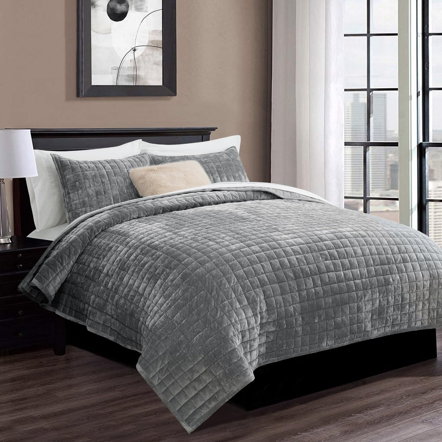 RECYCO Luxury Velvet Quilt Set King Size, Lightweight Velvet Comforter Set, Oversized Bedspread Coverlet Quilted Bedding Set, with 2 Matching Pillow Shams, for All Season, Navy Blue