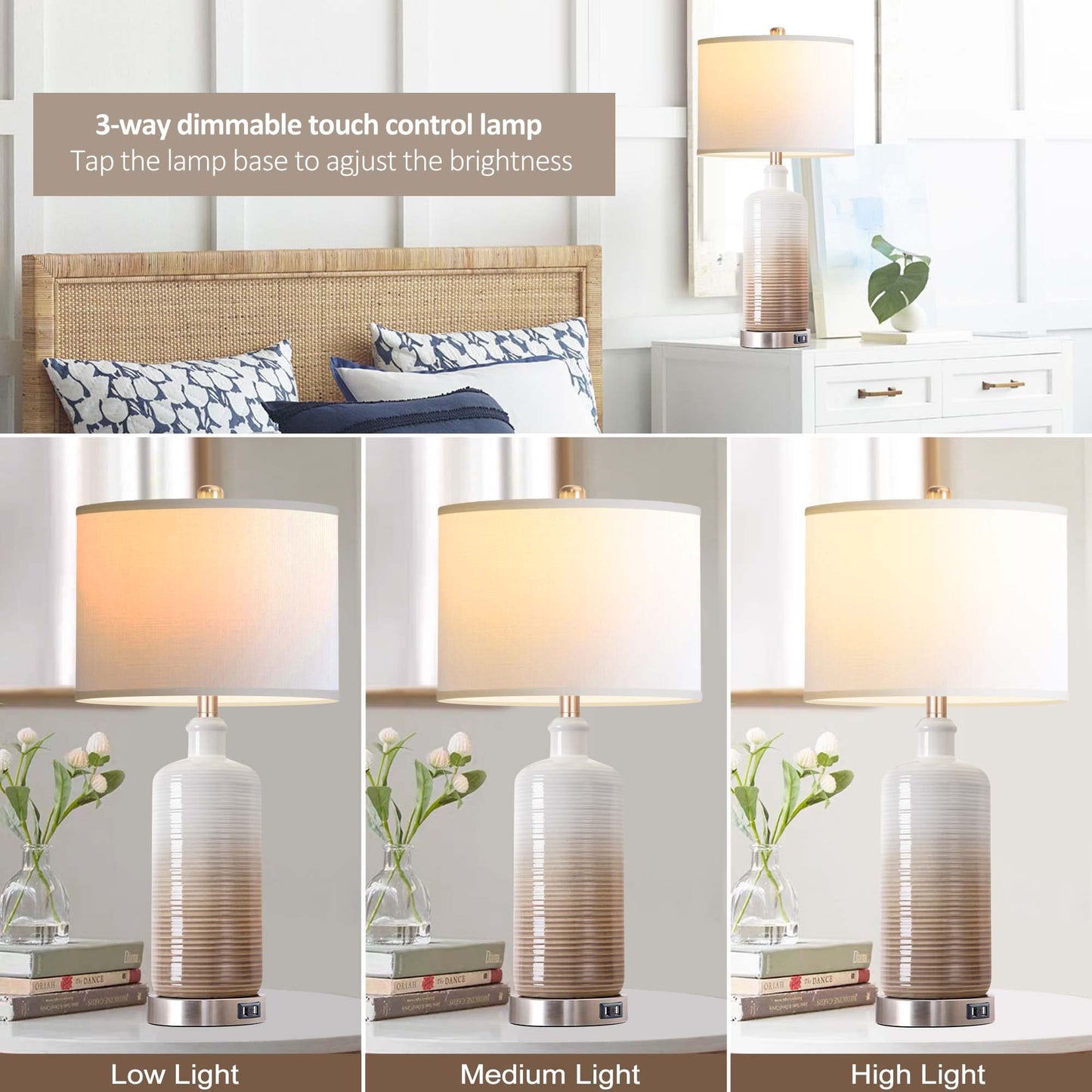 CeramicTable Lamps Set of 2 Lamps for Bedroom Living Room Office 26" Rotary Coastal Bedside Lamp for Nightstand with 2 USB Ports 3-Colors
