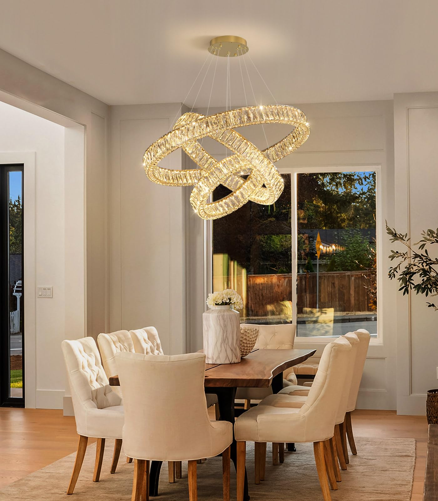 Modern Crystal Chandelier Dimmable LED Ring Pendant Lights Adjustable Glam Chandeliers Lighting Fixtures for Dining Room Living Room Bedroom Silver Light