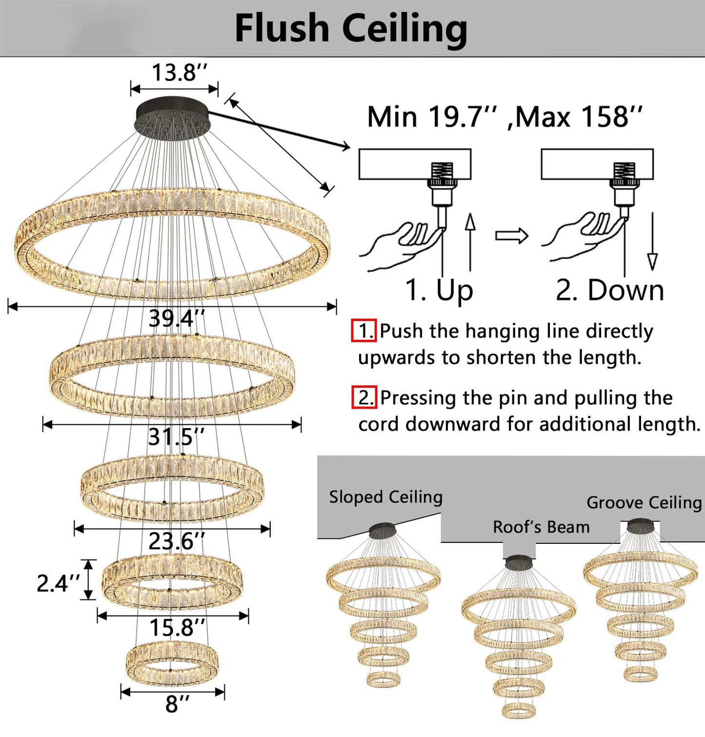 Modern Crystal Chandelier Dimmable LED Ring Pendant Lights Adjustable Glam Chandeliers Lighting Fixtures for Dining Room Living Room Bedroom Silver Light