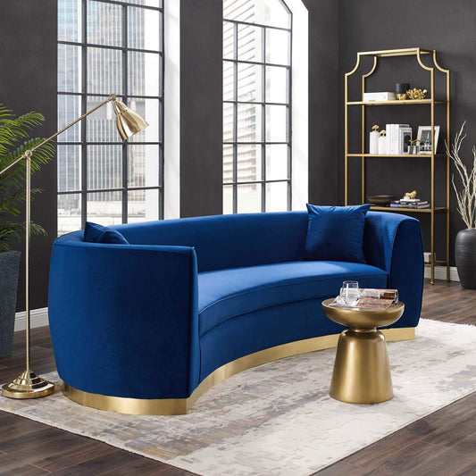 Modway Resolute Retro Modern Curved Back Upholstered Velvet with Two Throw Pillows, Sofa, Navy