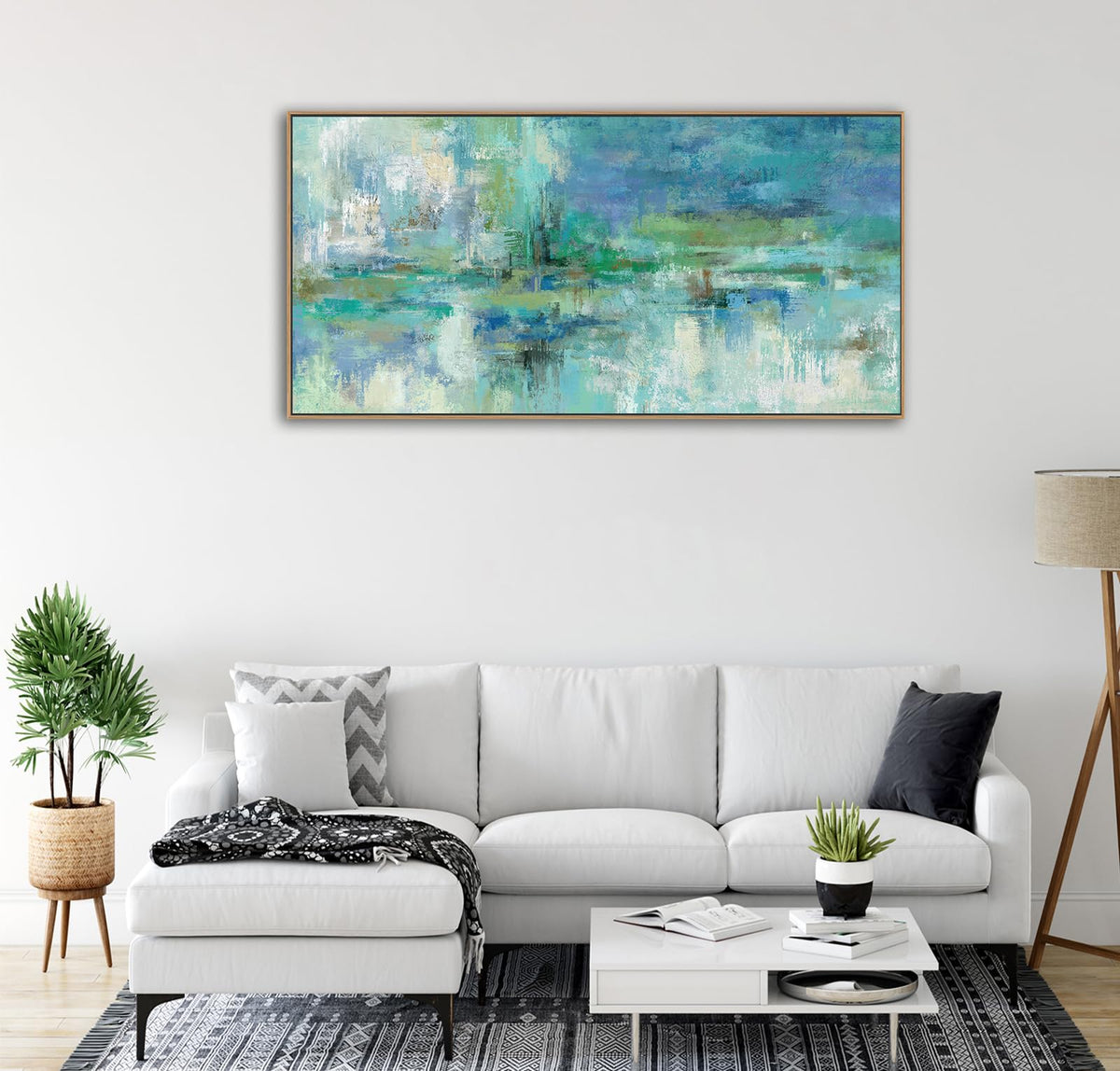 VEAEE Teal Framed Abstract Wall Art - Turquoise Green Colorful Modern Canvas Pictures, Living Room Wall Decor, Contemporary Landscape Painting Prints for Bedroom Bathroom Office Decor 20" x 40"