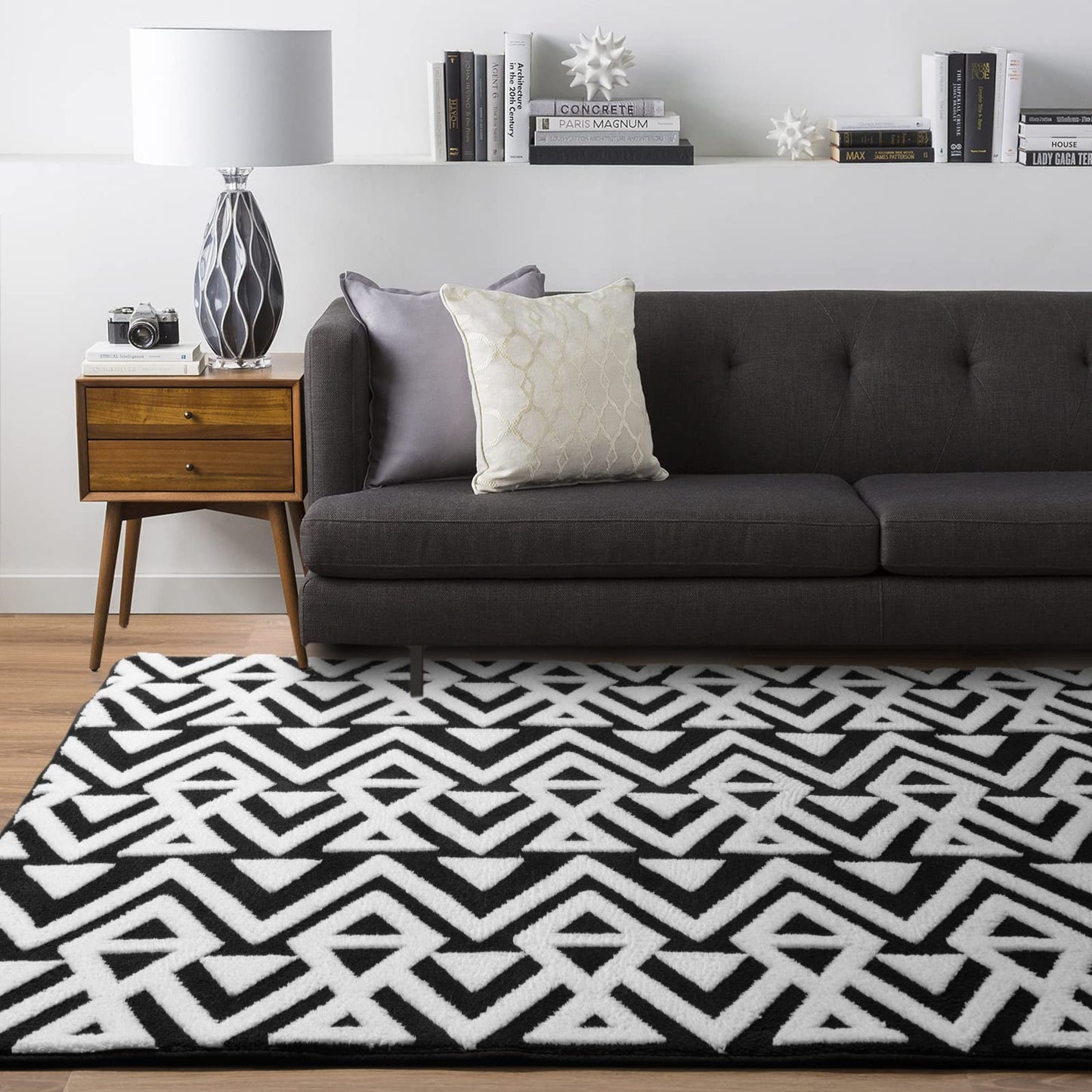 Ompaa Ultra Soft Geometric Bedroom Rugs Memory Foam Carpet, Black 7 x 10 Feet Large, Cozy Area Rugs for Living Room Couch Dorm Bedside Kids Girls Teens Room Nursery Decor Floor Mat