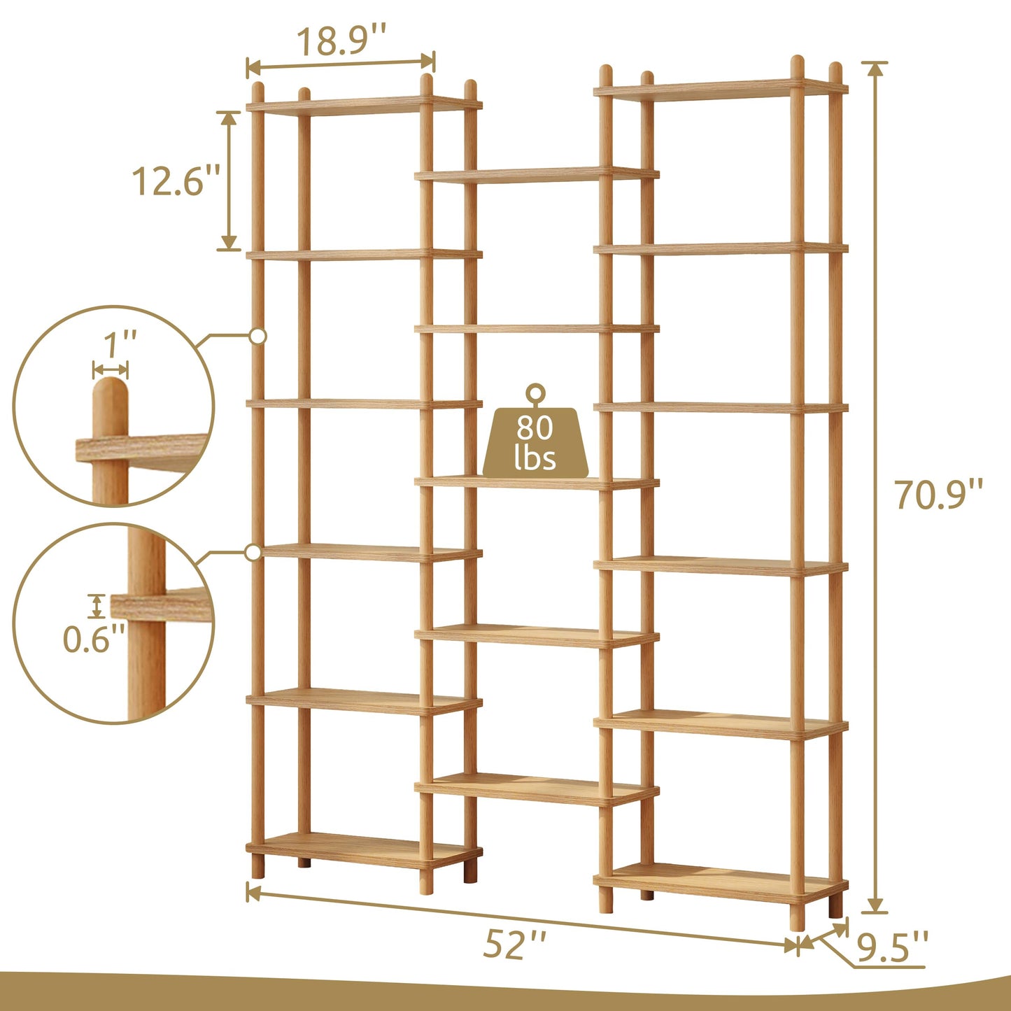 IOTXY Wooden Triple Wide Bookshelf - 5-Tier Large Shelf Bookcase with Solid Beech Frame, Tall Freestanding Open Etagere Display Rack for Home Office, Walnut