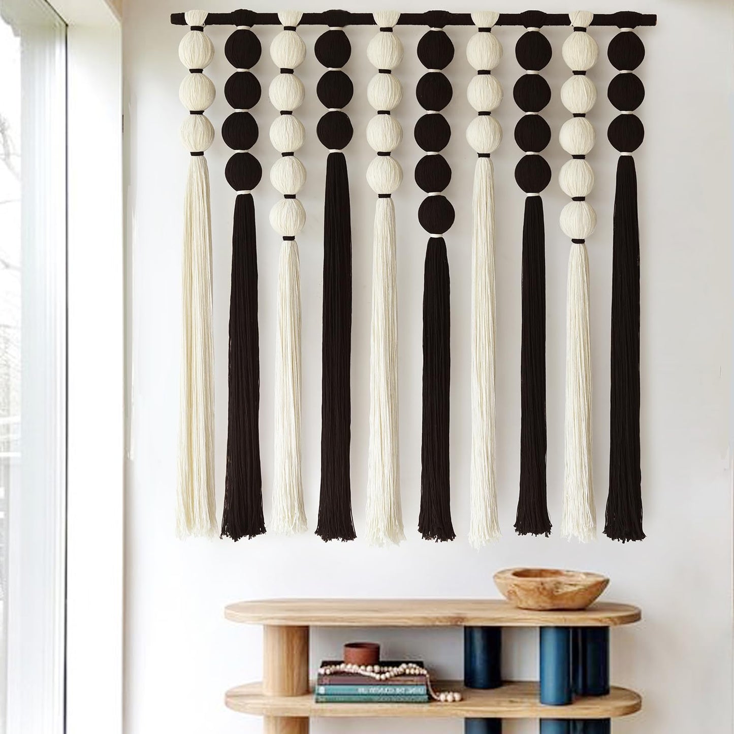 IOWER Macrame Wall Hanging Brown Yarn Beaded Backdrop Boho Wall Decor Round Tassel Home Wall Aesthetic Living Rooms Bedrooms Offices Geometric Art Chic Home Decor 39" W x 55" L