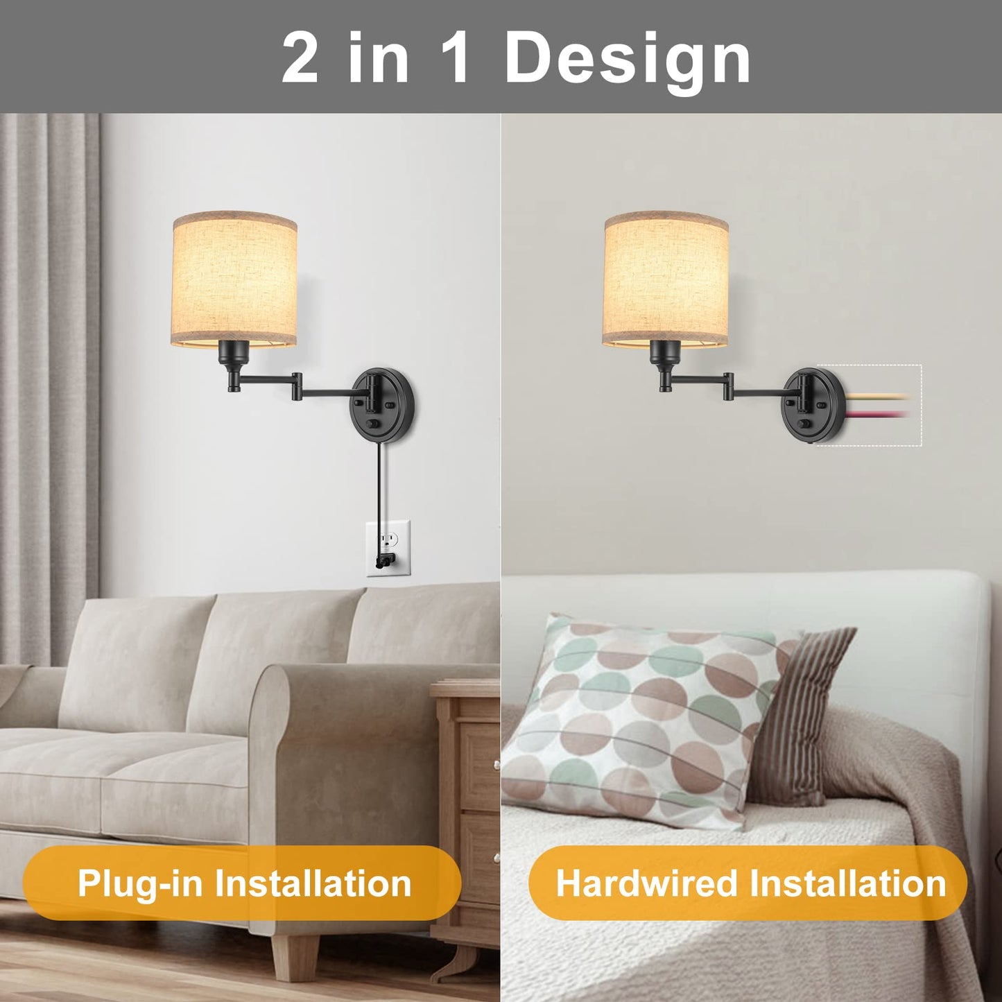 Plug in Wall Sconces with Remote Control, Dimming 10%-100% & Adjustable Colors 2700K-6500K, Hardwire or Plug-in, Swing Arm Wall Lamp with Linen Fabric Shade, Wall Sconces Set of Two, Black Finish