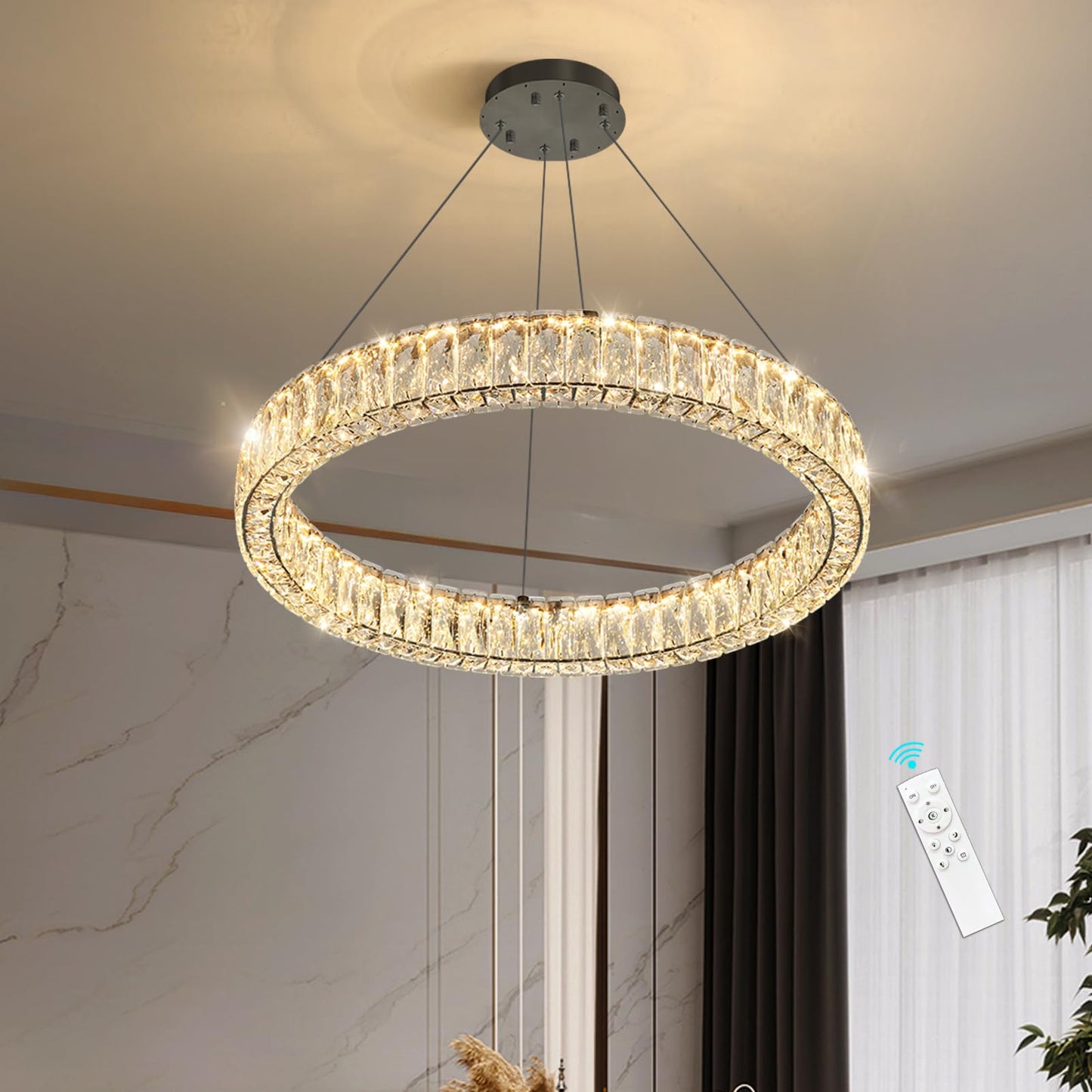 Modern Crystal Chandelier Dimmable LED Ring Pendant Lights Adjustable Glam Chandeliers Lighting Fixtures for Dining Room Living Room Bedroom Silver Light