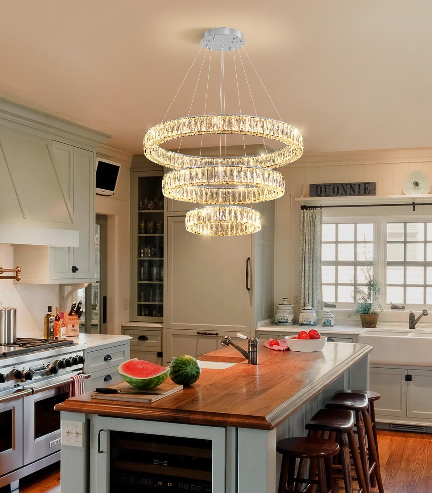Modern Crystal Chandelier Dimmable LED Ring Pendant Lights Adjustable Glam Chandeliers Lighting Fixtures for Dining Room Living Room Bedroom Silver Light