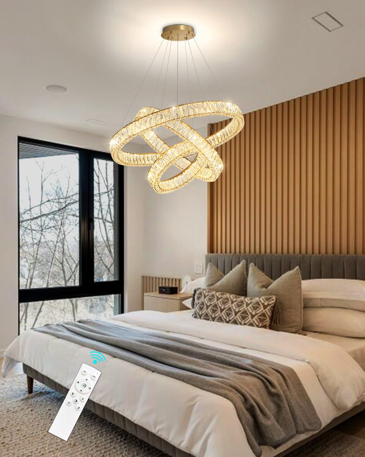 Modern Crystal Chandelier Dimmable LED Ring Pendant Lights Adjustable Glam Chandeliers Lighting Fixtures for Dining Room Living Room Bedroom Silver Light