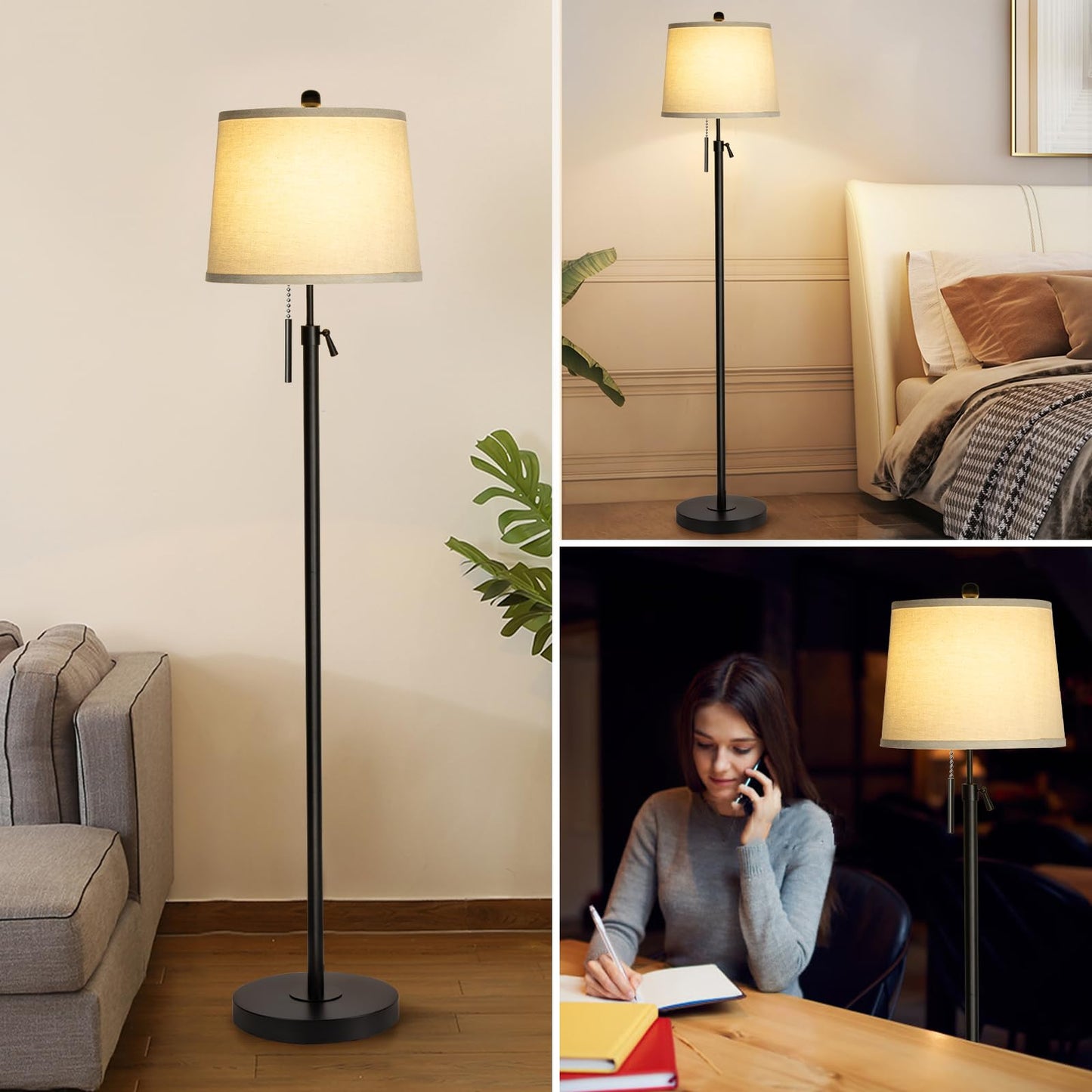 Floor Lamp for Living Room,Adjustable Height Standing Lamp,Dimmable Modern Floor Lamps for Bedroom Office Tall Floor Lights with Pull Chain Bulb Included-Silver Gray Shade