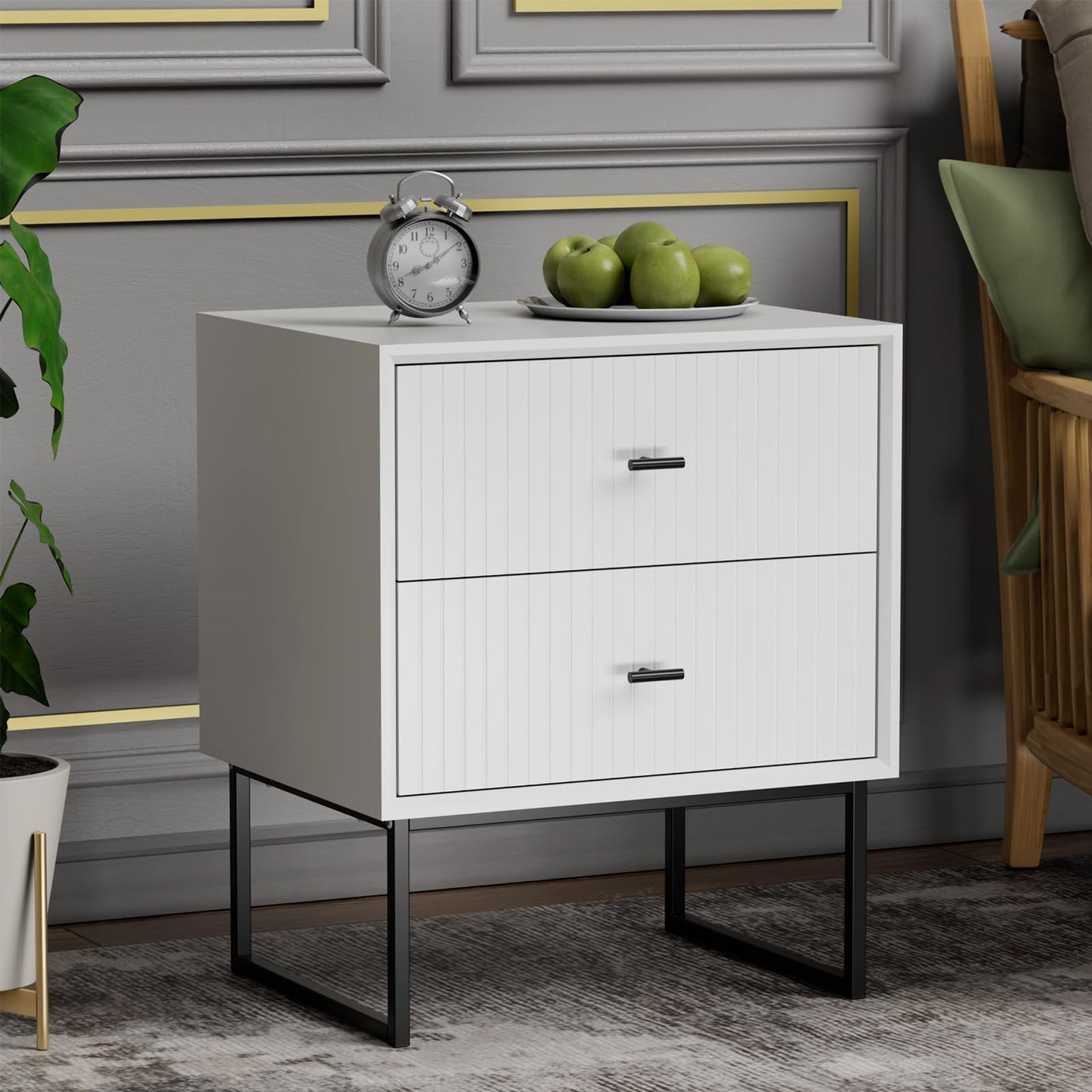UEV Navy Blue Nightstand Set of 2,Modern Grooved Stripes Bed Side Table with 2 Drawers,Wood End Table with Golden Metal Handles and Pedestal Frame for Bedroom Living Room