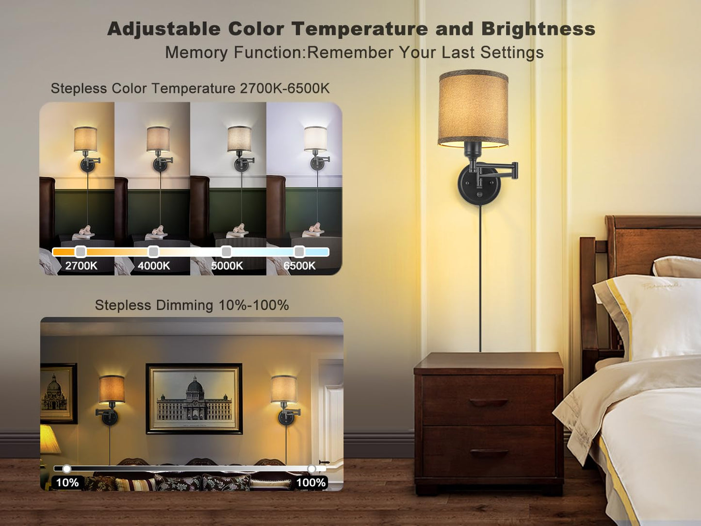 Plug in Wall Sconces with Remote Control, Dimming 10%-100% & Adjustable Colors 2700K-6500K, Hardwire or Plug-in, Swing Arm Wall Lamp with Linen Fabric Shade, Wall Sconces Set of Two, Black Finish