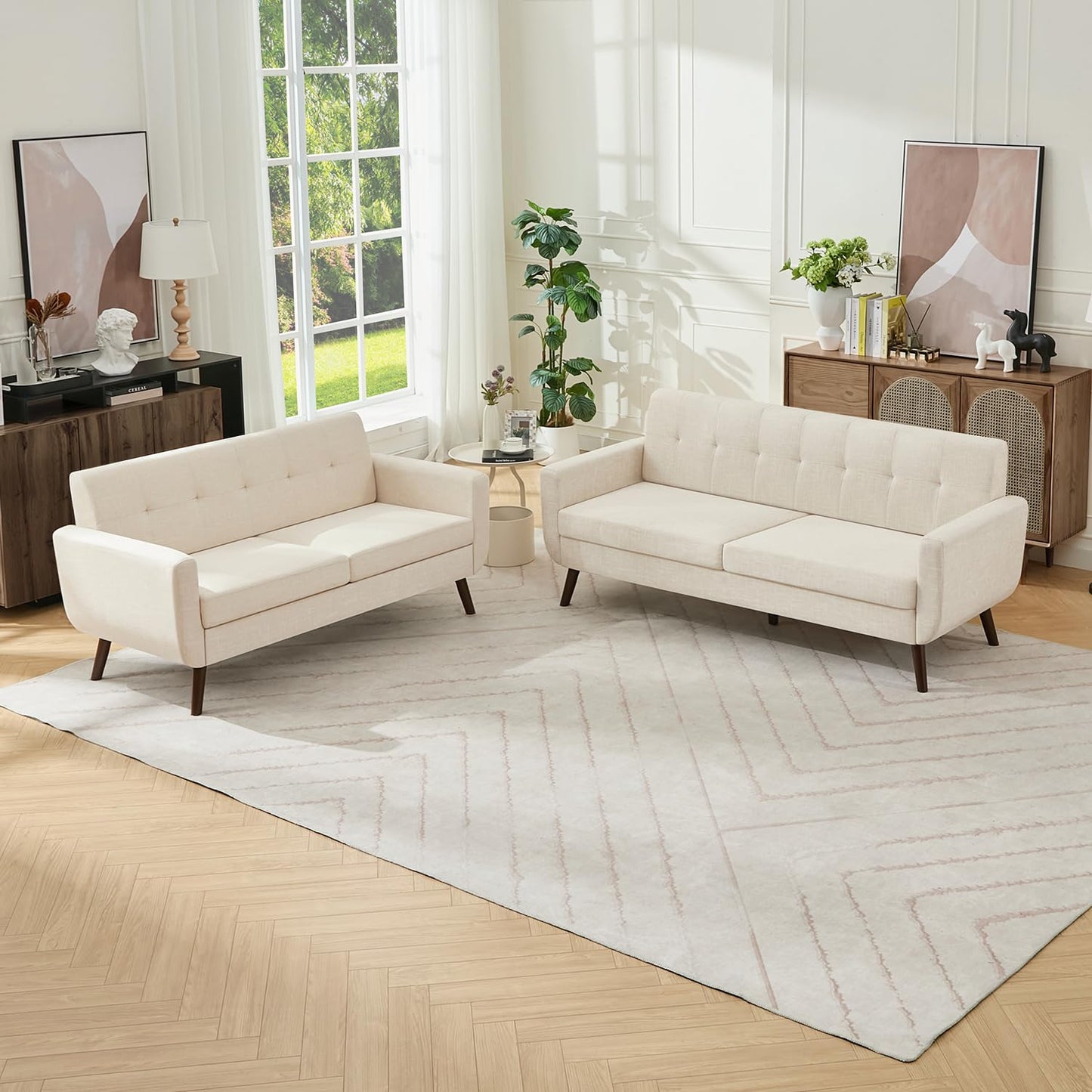 Tbfit 65" W Loveseat Sofa, Mid Century Modern Love Seat Couches for Living Room, Button Tufted Upholstered Small Couch for Bedroom, Solid and Easy to Install Love Seats Furniture, Grey