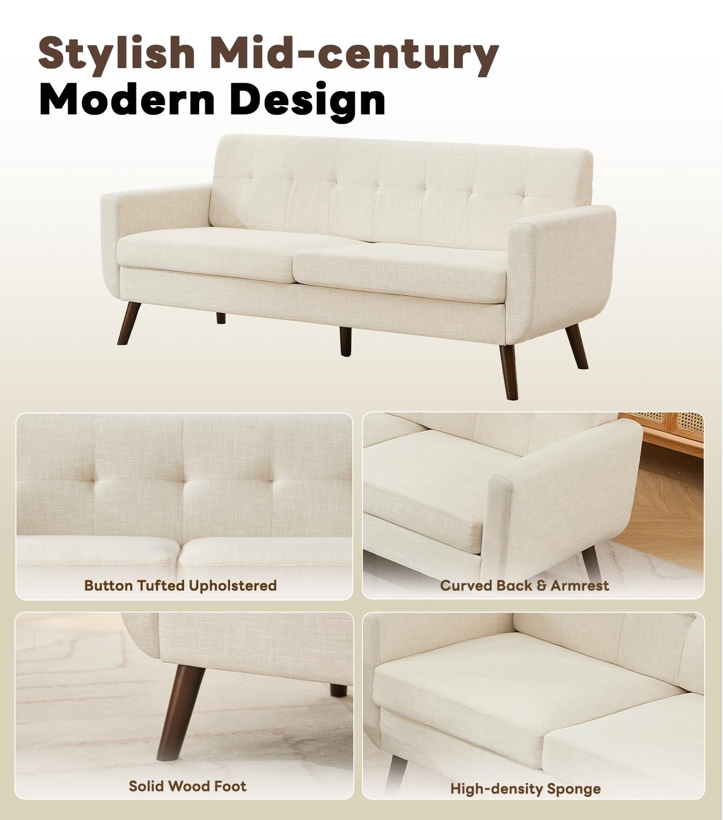 Tbfit 65" W Loveseat Sofa, Mid Century Modern Love Seat Couches for Living Room, Button Tufted Upholstered Small Couch for Bedroom, Solid and Easy to Install Love Seats Furniture, Grey