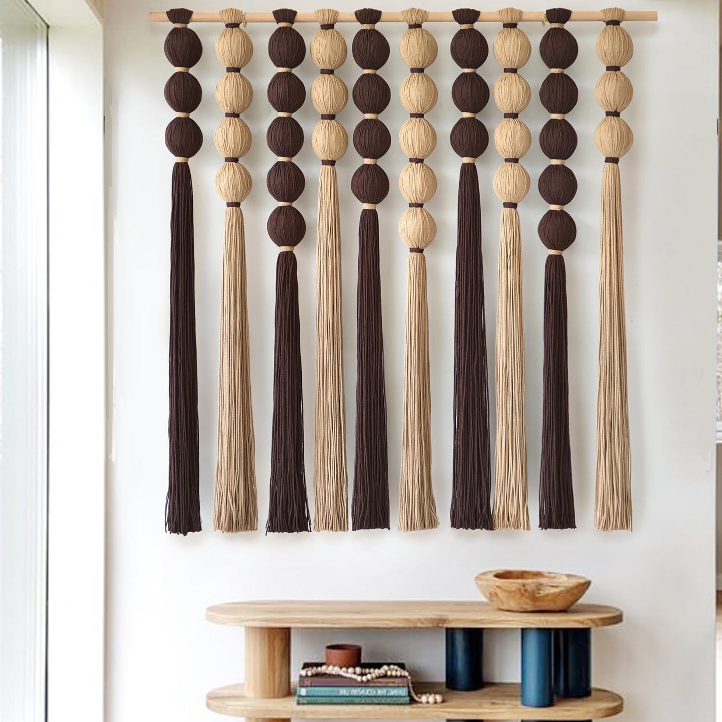 IOWER Macrame Wall Hanging Brown Yarn Beaded Backdrop Boho Wall Decor Round Tassel Home Wall Aesthetic Living Rooms Bedrooms Offices Geometric Art Chic Home Decor 39" W x 55" L