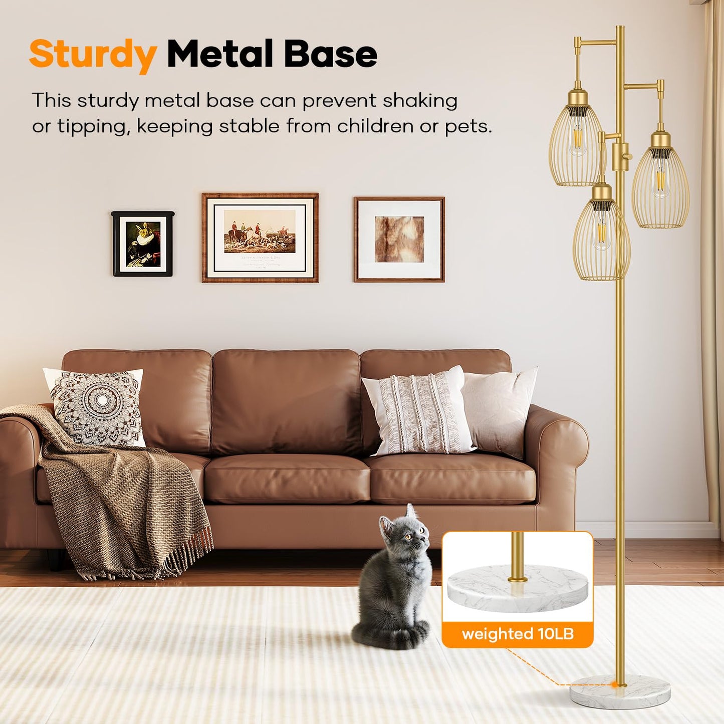 Dimmable Floor Lamp, 3 x 800LM LED Edison Bulbs Included, Farmhouse Industrial Floor Lamp Standing Tree Lamp with Elegant Teardrop Cage Tall Lamps for Living Room Bedroom Office Dining Room-Black