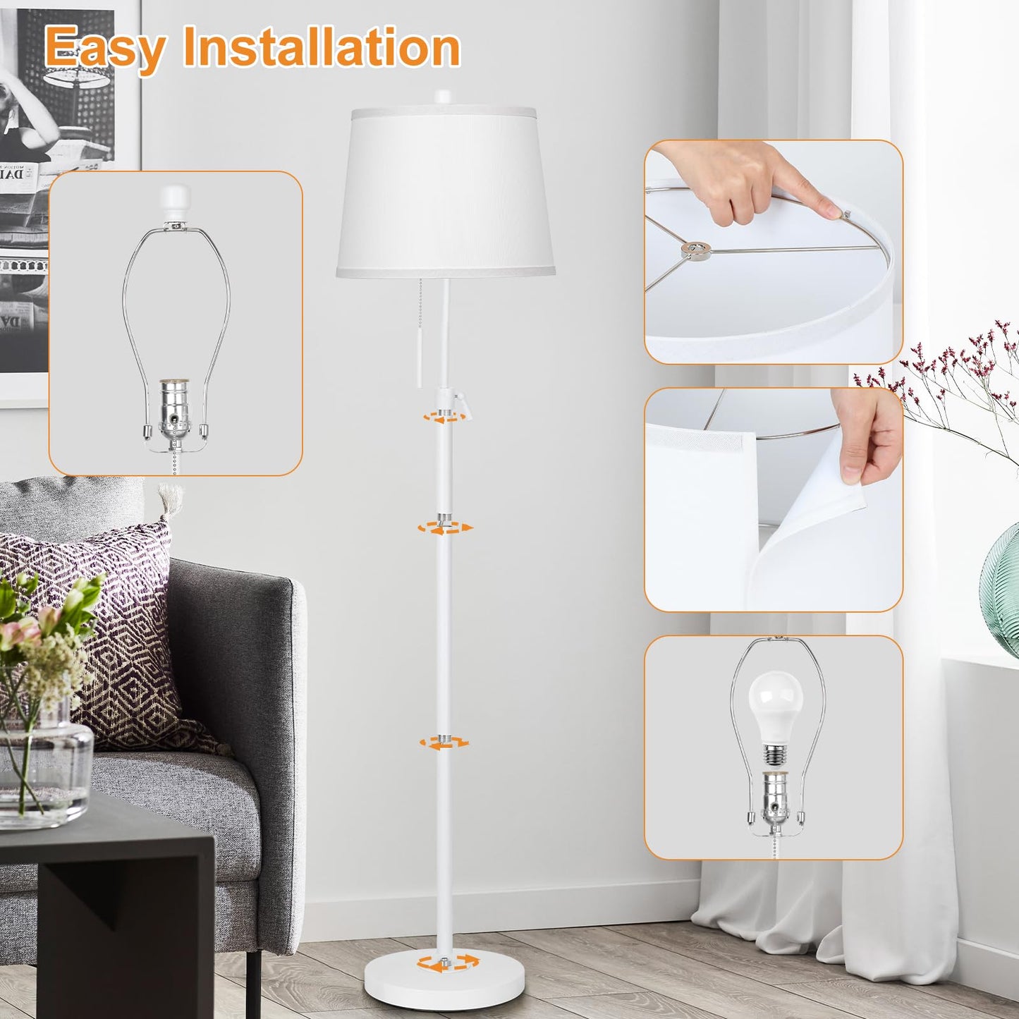 Floor Lamp for Living Room,Adjustable Height Standing Lamp,Dimmable Modern Floor Lamps for Bedroom Office Tall Floor Lights with Pull Chain Bulb Included-Silver Gray Shade