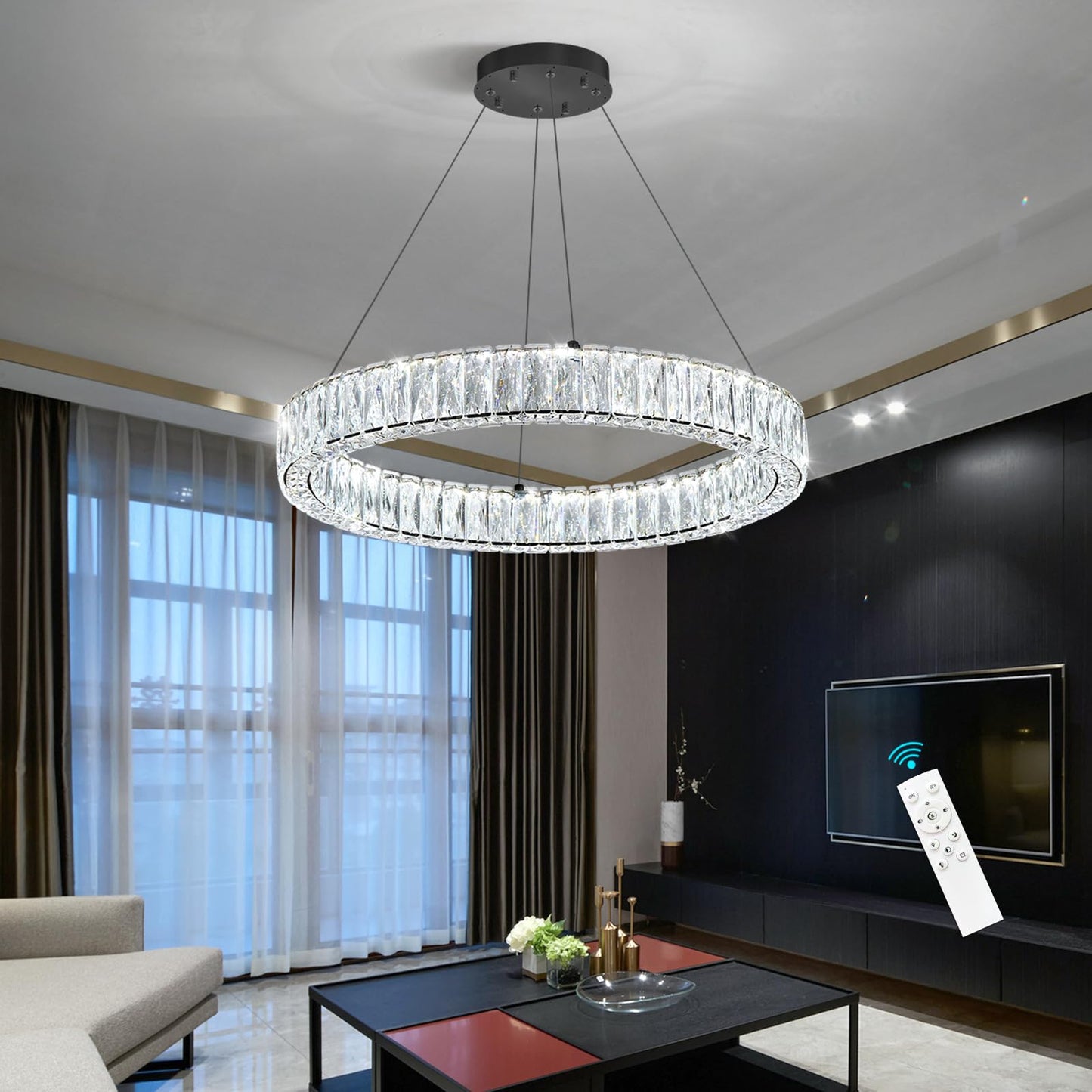 Modern Crystal Chandelier Dimmable LED Ring Pendant Lights Adjustable Glam Chandeliers Lighting Fixtures for Dining Room Living Room Bedroom Silver Light