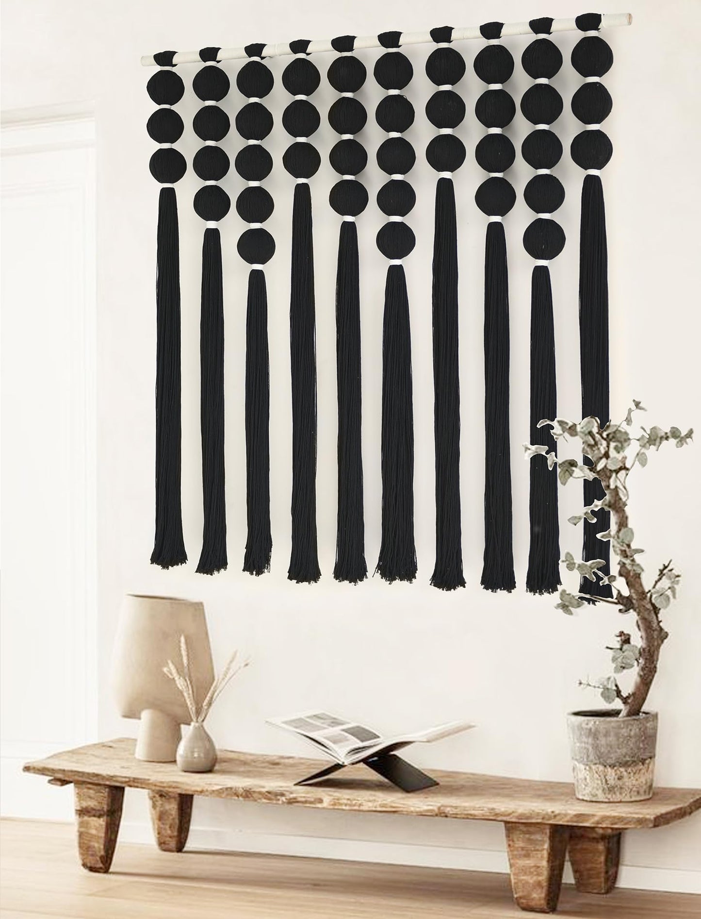 IOWER Macrame Wall Hanging Brown Yarn Beaded Backdrop Boho Wall Decor Round Tassel Home Wall Aesthetic Living Rooms Bedrooms Offices Geometric Art Chic Home Decor 39" W x 55" L