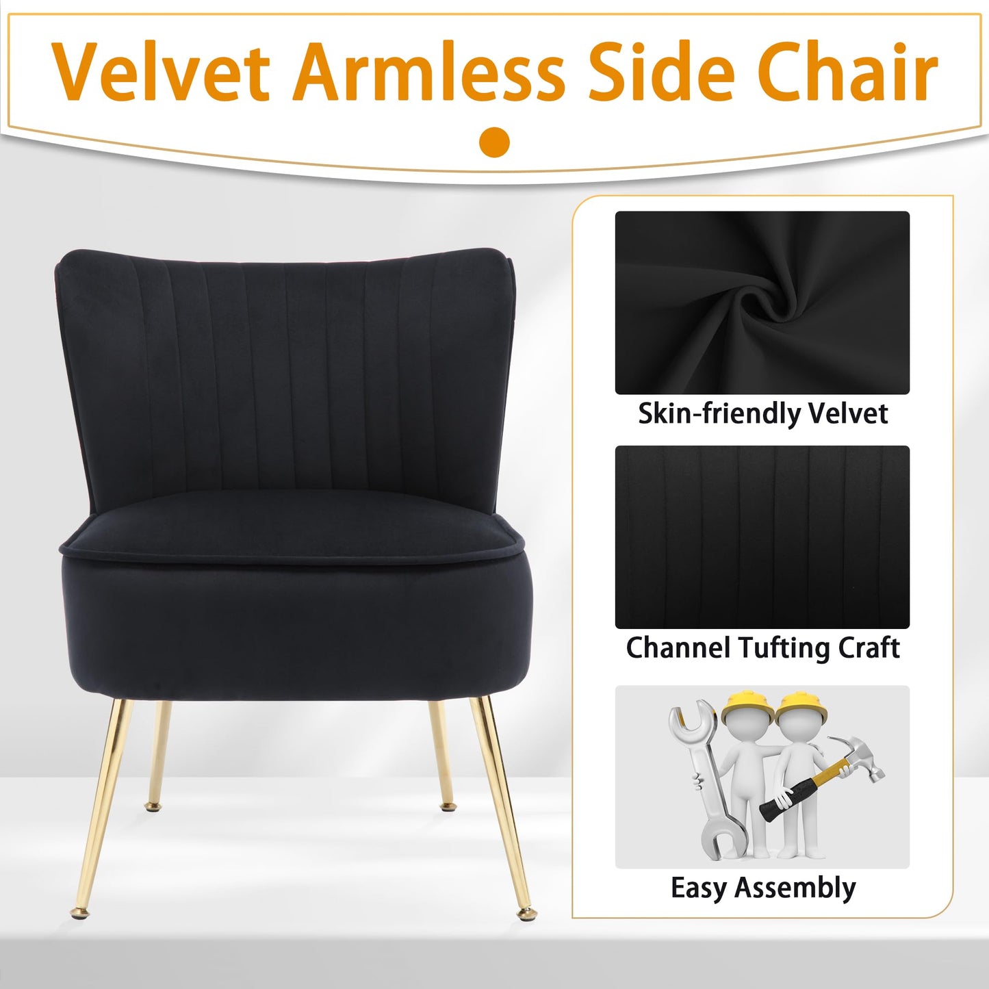 ABET Accent Chairs Set of 2, Velvet Armless Living Room Chairs with Tufted Wingback Thicken Cushion Gold Metal Legs, Comfy Upholstered Side Chairs Slipper Chairs Club Chairs for Bedroom, Beige