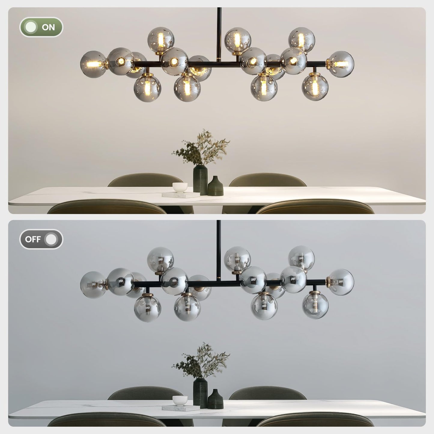 CROSSIO Modern Linear Chandeliers Black 16 Lights Pendant Light Fixtures Bubble Glass Chandelier Mid Century Sputnik Chandelier for Kitchen Island Dining Room