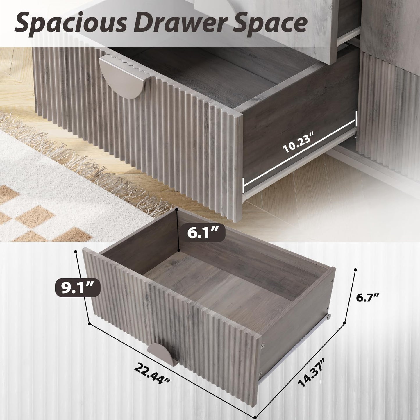 LGHM Fluted Gray Dresser for Bedroom, 50" Wide Chest of Drawers, Modern 6 Deep Drawers Dresser with Raised H Legs -Curved Profile Design, Easy Round Handles for Bedroom,Livingroom, Hallway, Gray