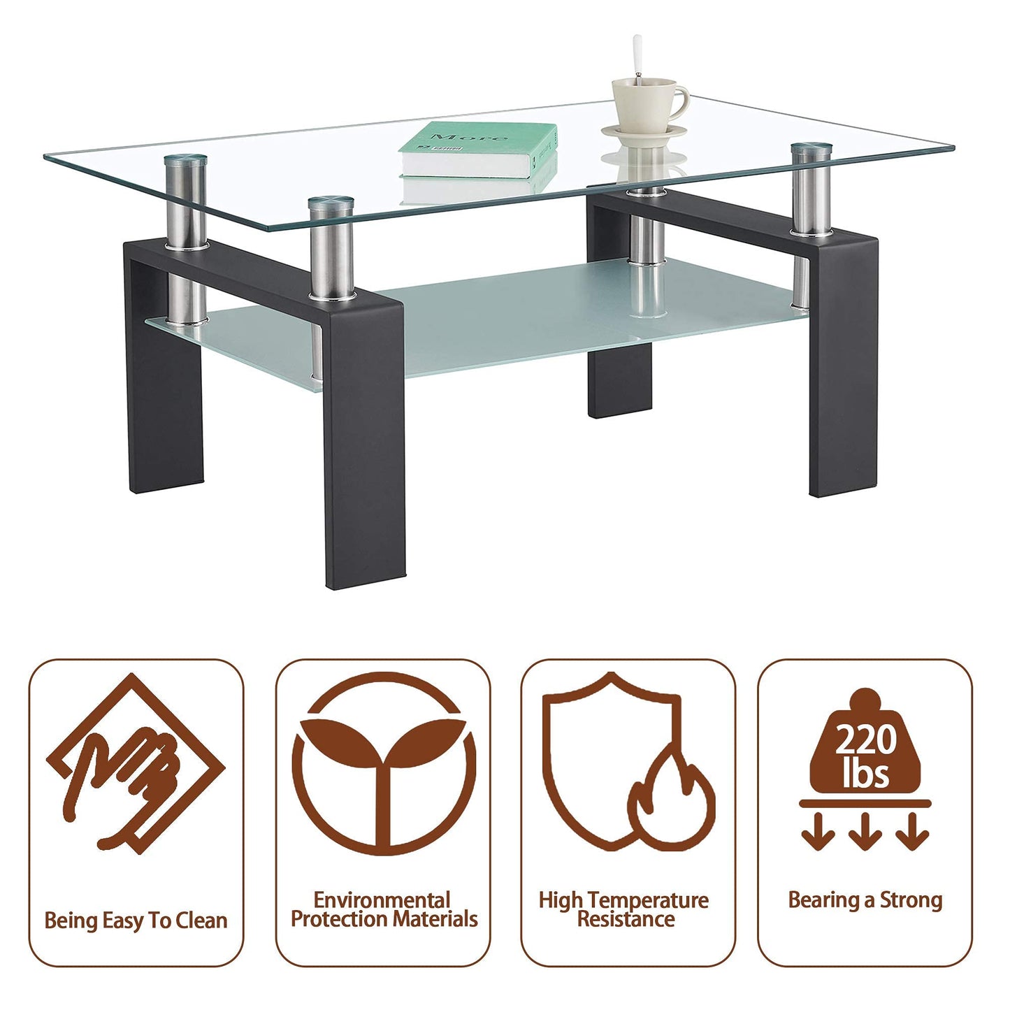 Meihua Tempered Glass Coffee Table for Living Room, Clear Center Table with 0.47 inch Tempered Glass, Transparent Modern Coffee Table