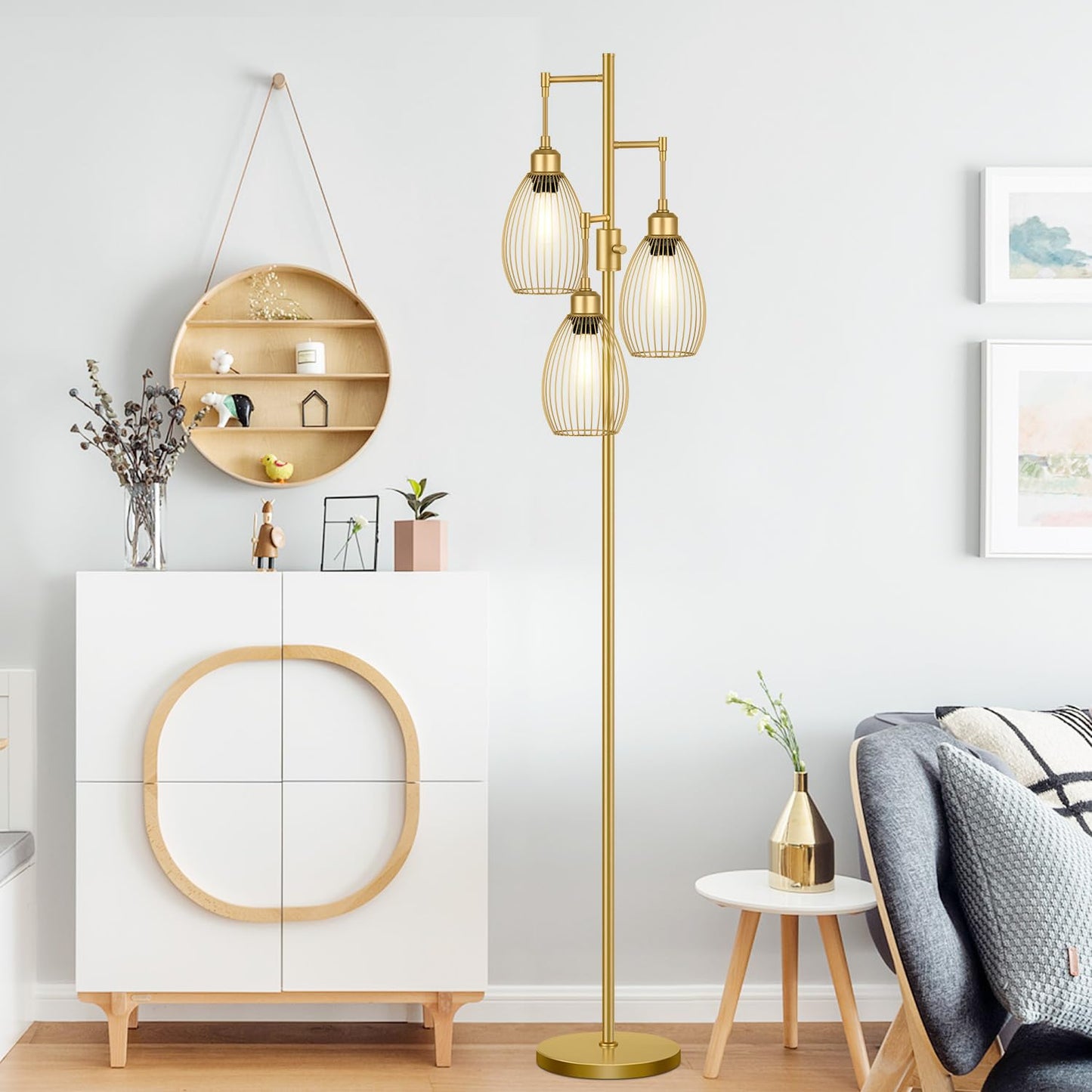 Dimmable Floor Lamp, 3 x 800LM LED Edison Bulbs Included, Farmhouse Industrial Floor Lamp Standing Tree Lamp with Elegant Teardrop Cage Tall Lamps for Living Room Bedroom Office Dining Room-Black