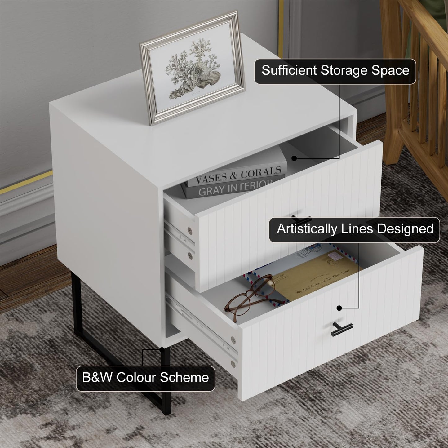 UEV Navy Blue Nightstand Set of 2,Modern Grooved Stripes Bed Side Table with 2 Drawers,Wood End Table with Golden Metal Handles and Pedestal Frame for Bedroom Living Room