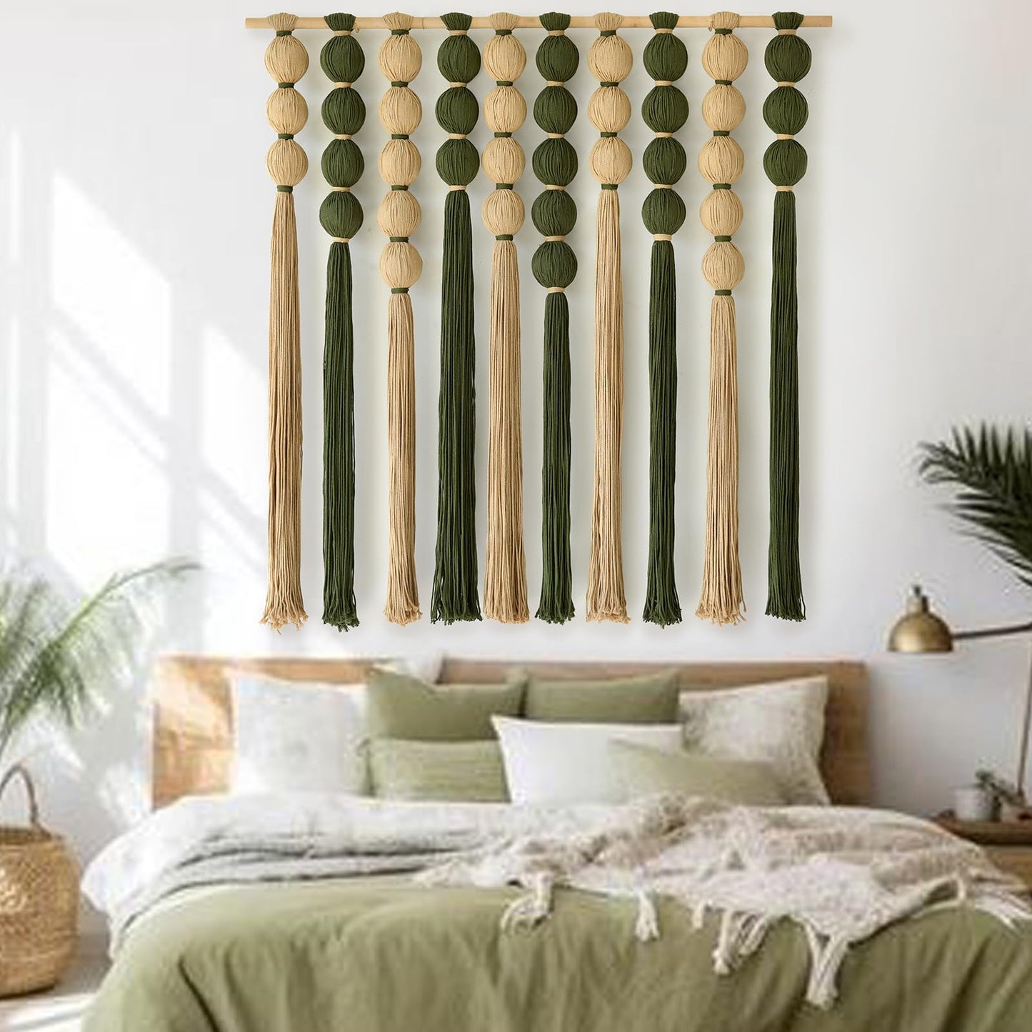 IOWER Macrame Wall Hanging Brown Yarn Beaded Backdrop Boho Wall Decor Round Tassel Home Wall Aesthetic Living Rooms Bedrooms Offices Geometric Art Chic Home Decor 39" W x 55" L