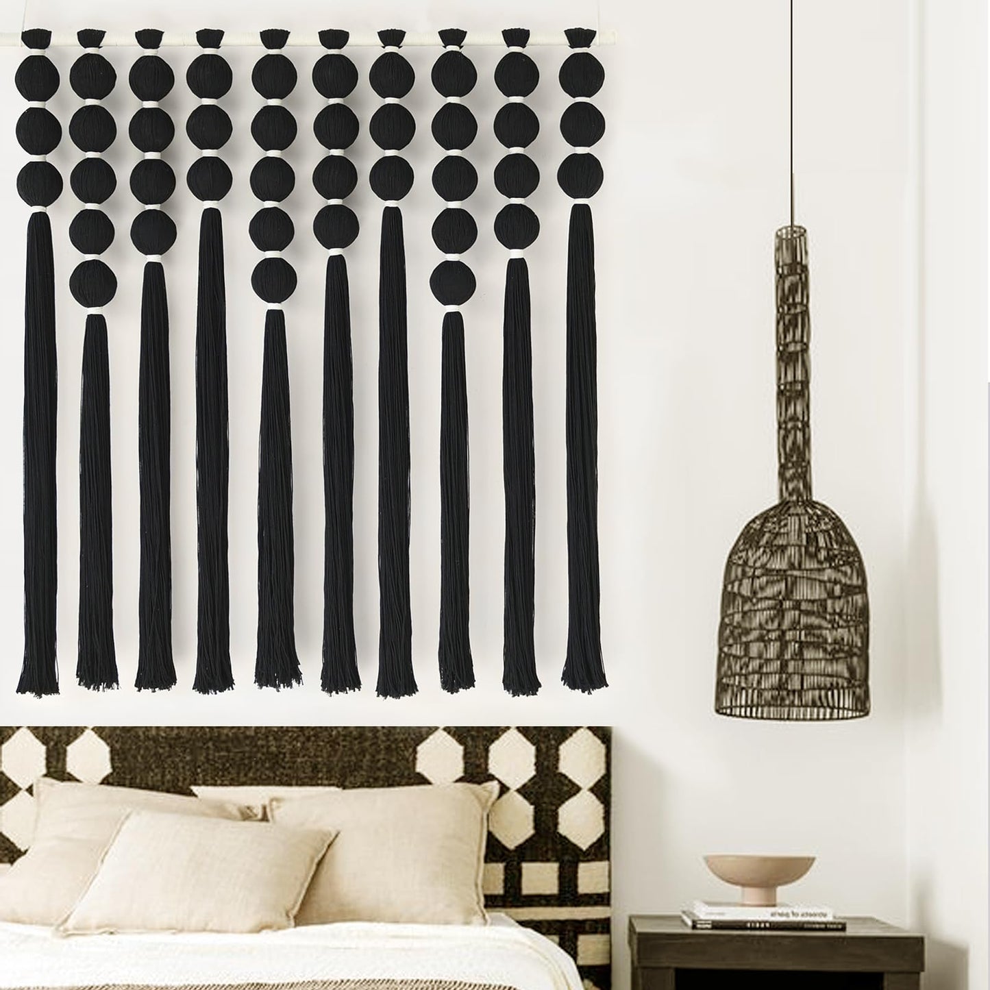 IOWER Macrame Wall Hanging Brown Yarn Beaded Backdrop Boho Wall Decor Round Tassel Home Wall Aesthetic Living Rooms Bedrooms Offices Geometric Art Chic Home Decor 39" W x 55" L