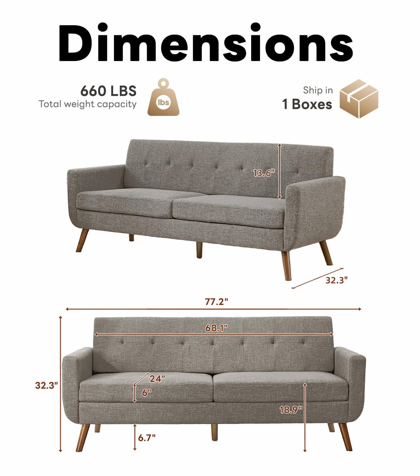 Tbfit 65" W Loveseat Sofa, Mid Century Modern Love Seat Couches for Living Room, Button Tufted Upholstered Small Couch for Bedroom, Solid and Easy to Install Love Seats Furniture, Grey