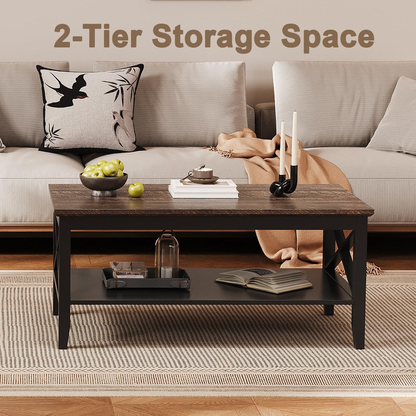 ChooChoo White Coffee Table Classic X Design for Living Room, Rectangular Modern Cocktail Table with Storage Shelf, 39 Inch